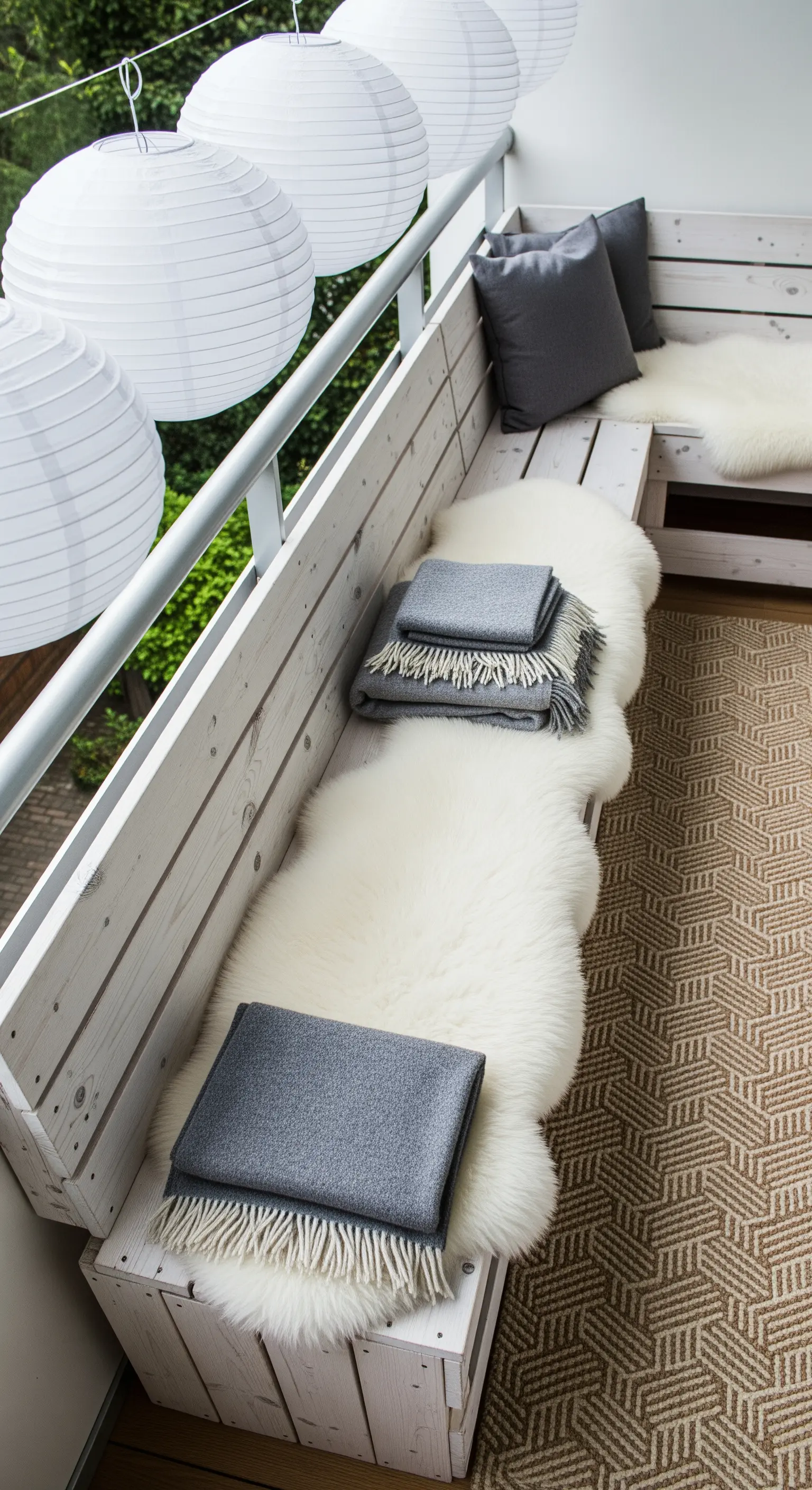 Panca in legno bianco con pelli di pecora, plaid grigi e lanterne di carta sospese.