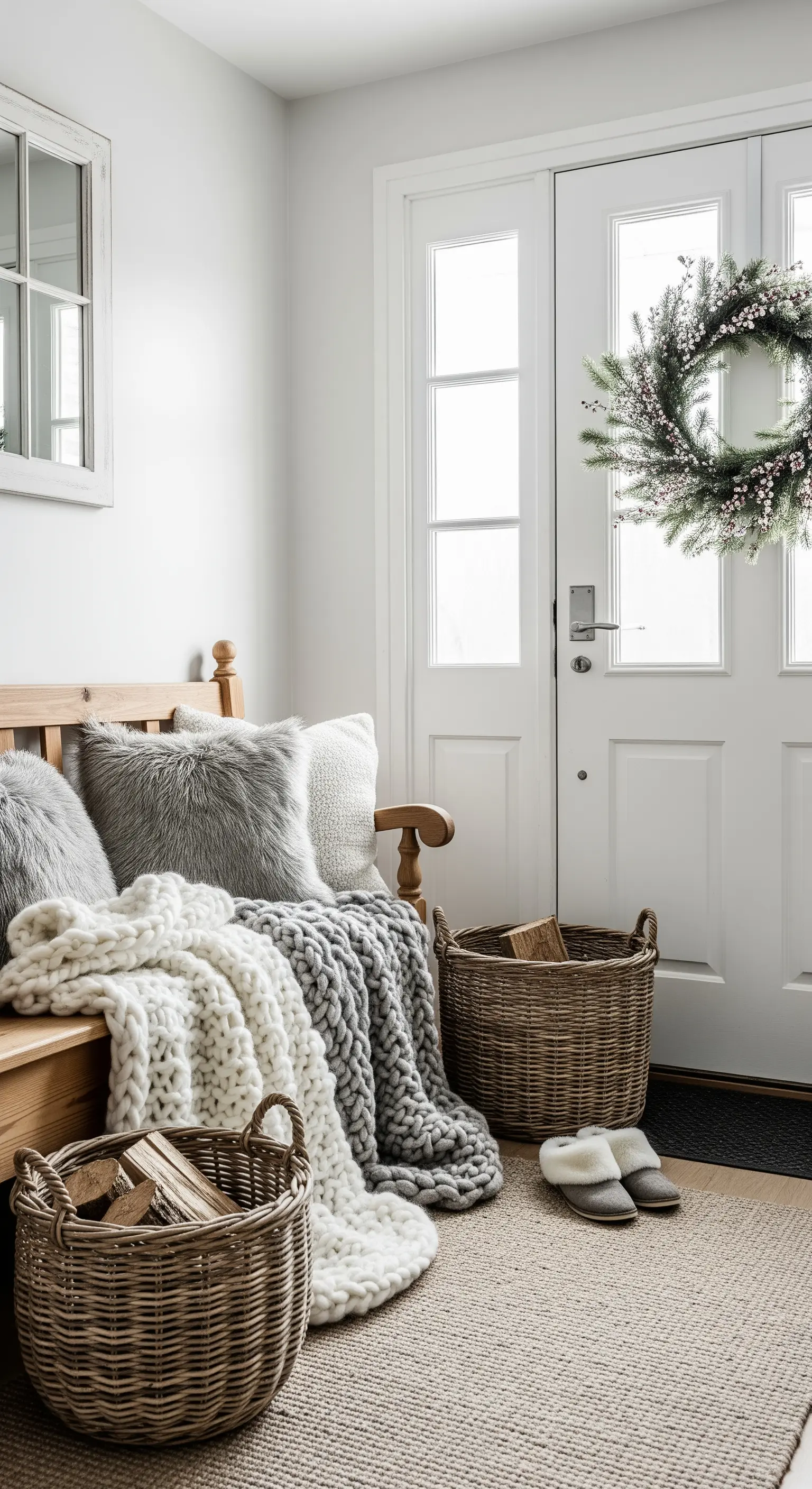 Panca in legno decorata con cuscini in pelliccia e coperte a maglia grossa per l'inverno.