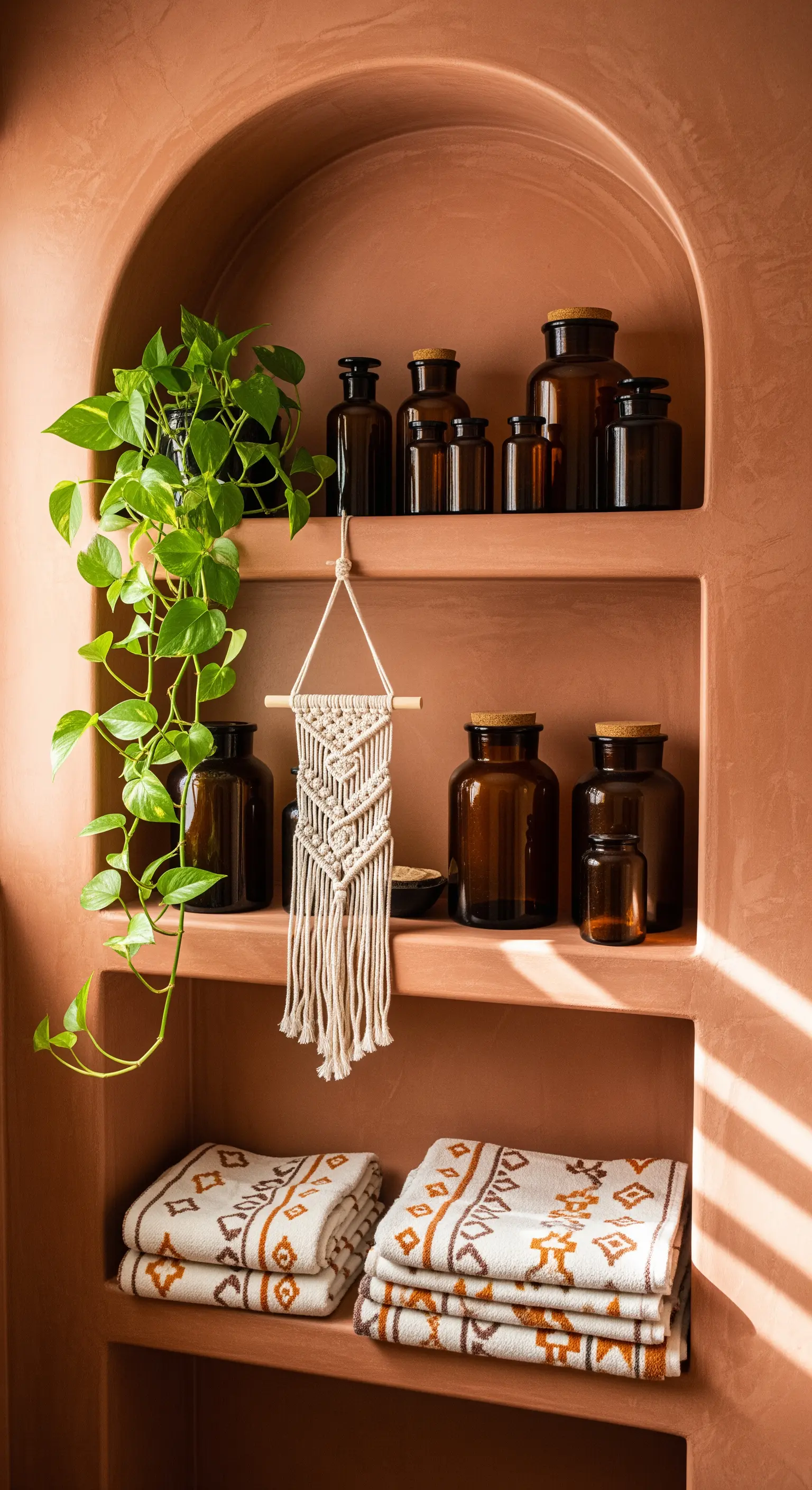 Nicchia ad arco in resina color terracotta con vasi ambrati e una pianta di pothos.