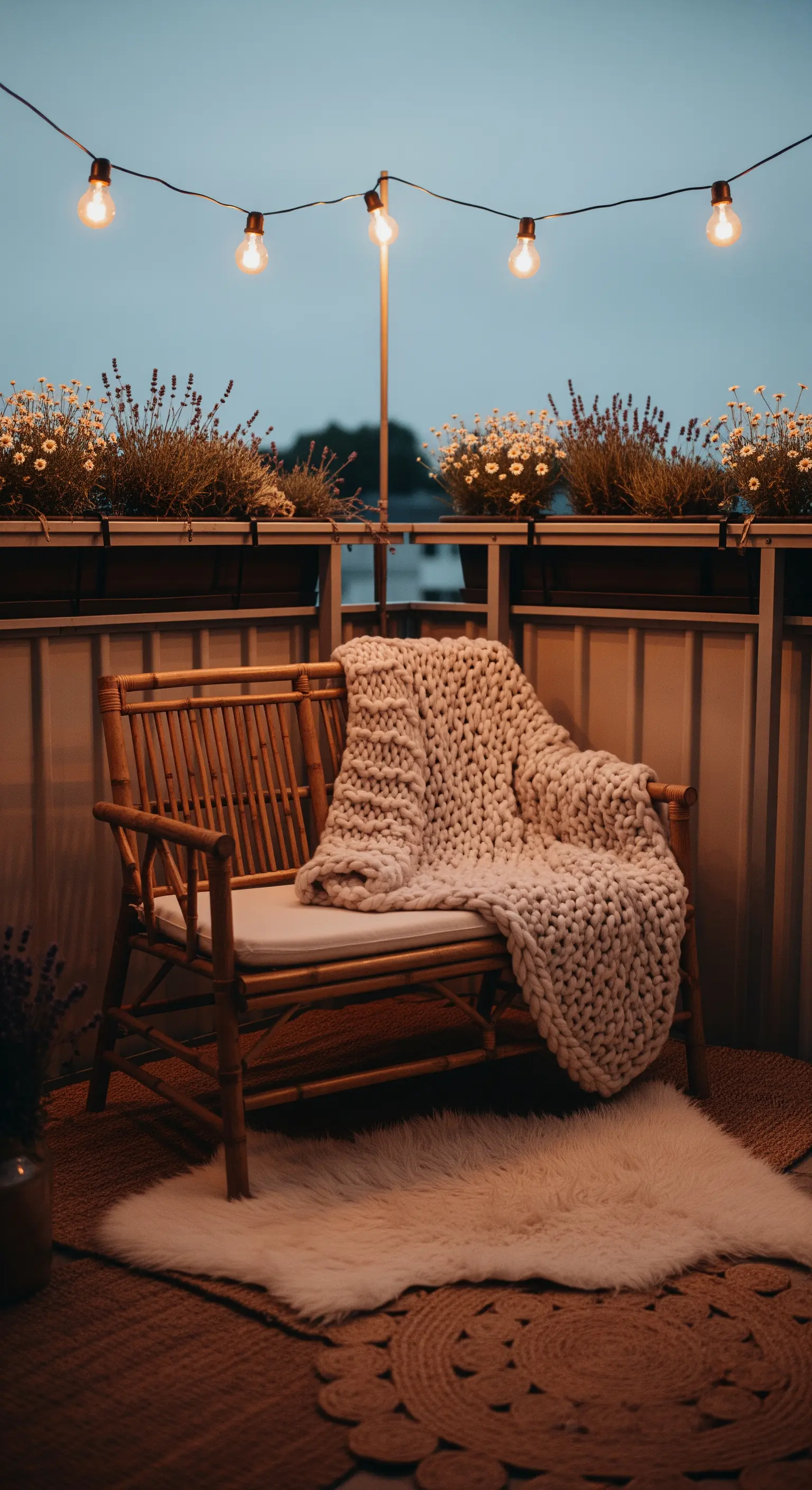 Panca in bambù con coperta a maglia grossa e tappeto in pelliccia sotto luci a stringa.