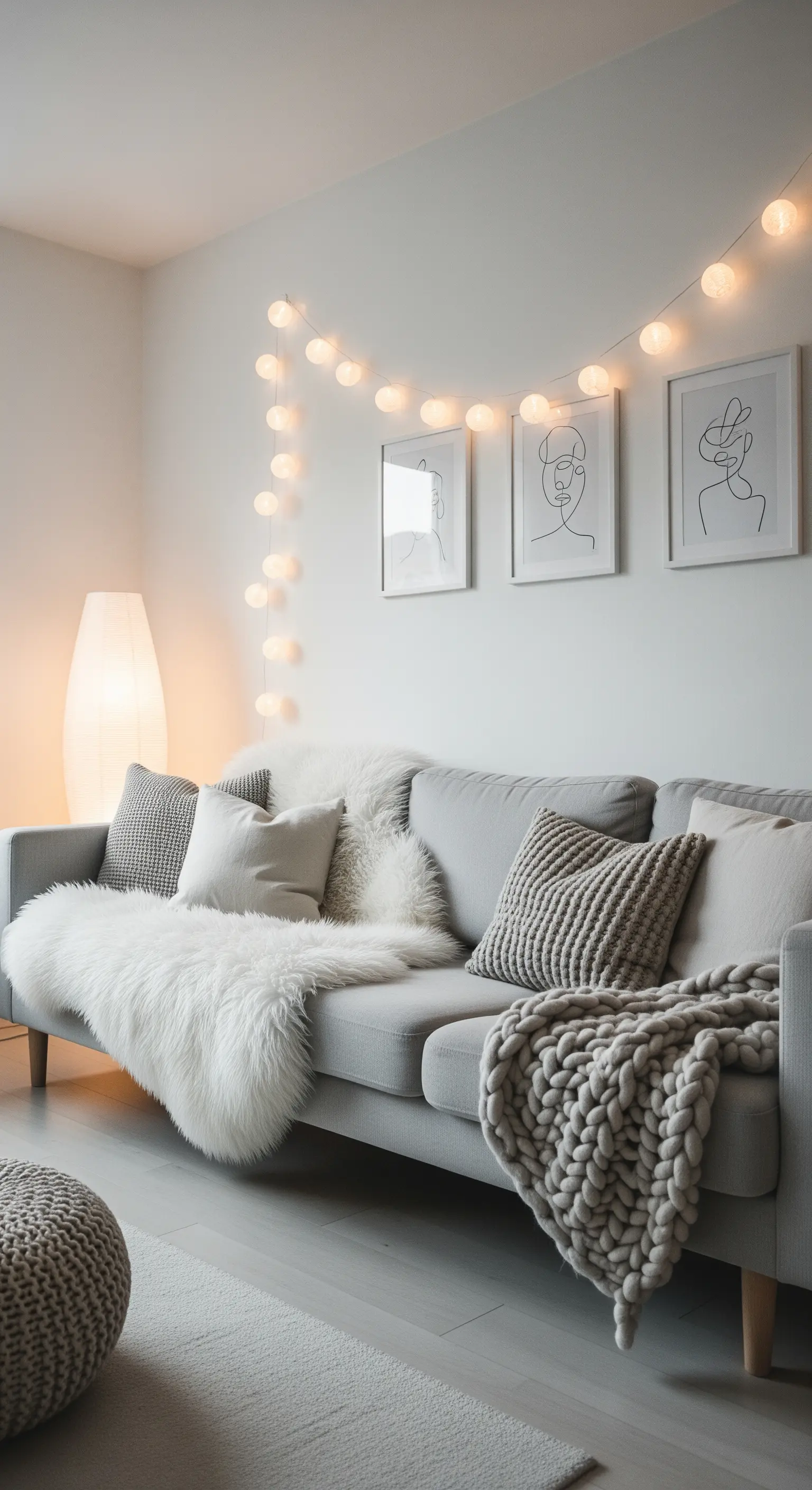 Divano grigio in un salotto minimalista, con una ghirlanda di luci a sfera di cotone sulla parete.