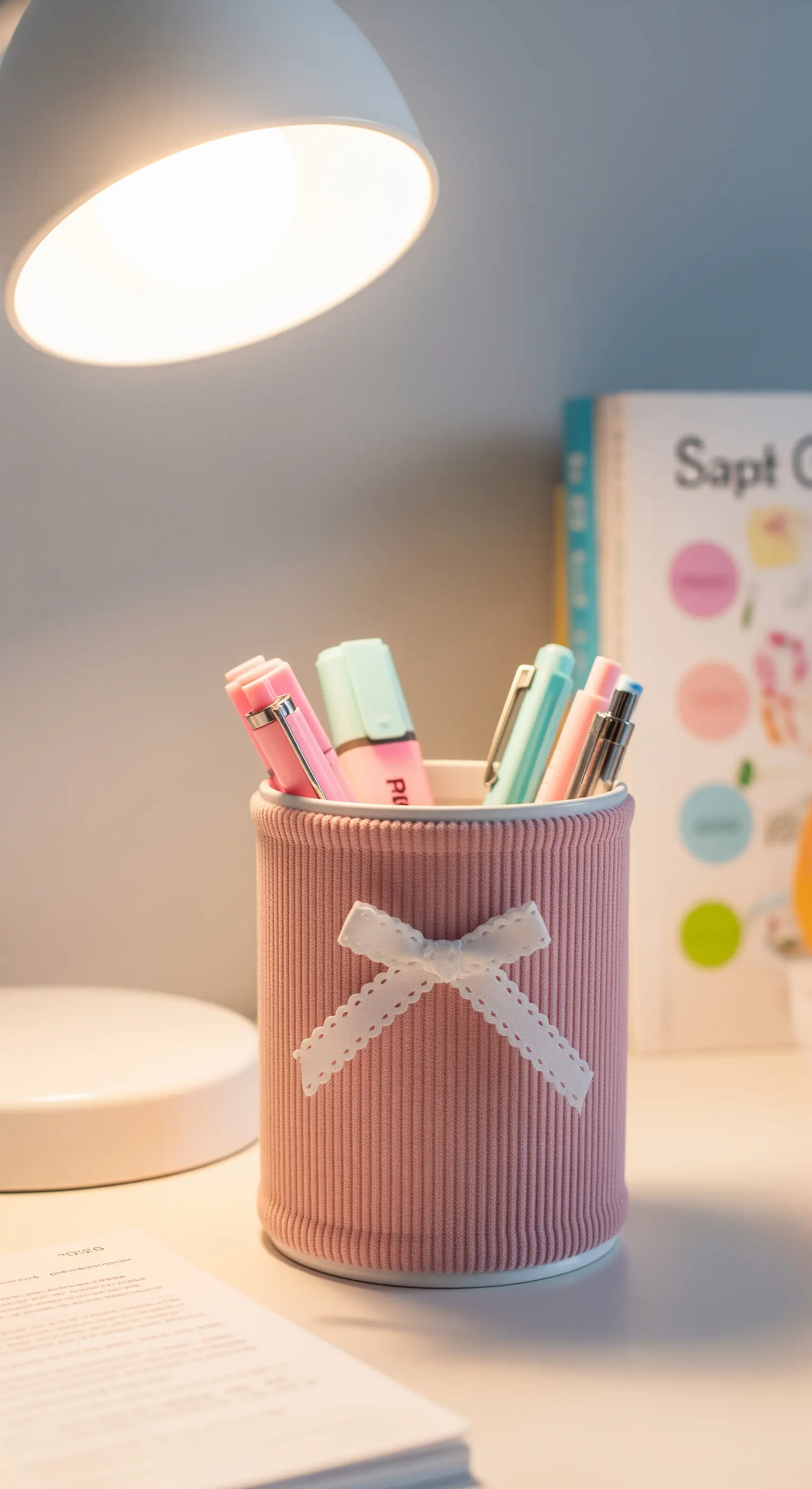 Portapenne rosa a costine con un piccolo fiocco bianco, su una scrivania illuminata.