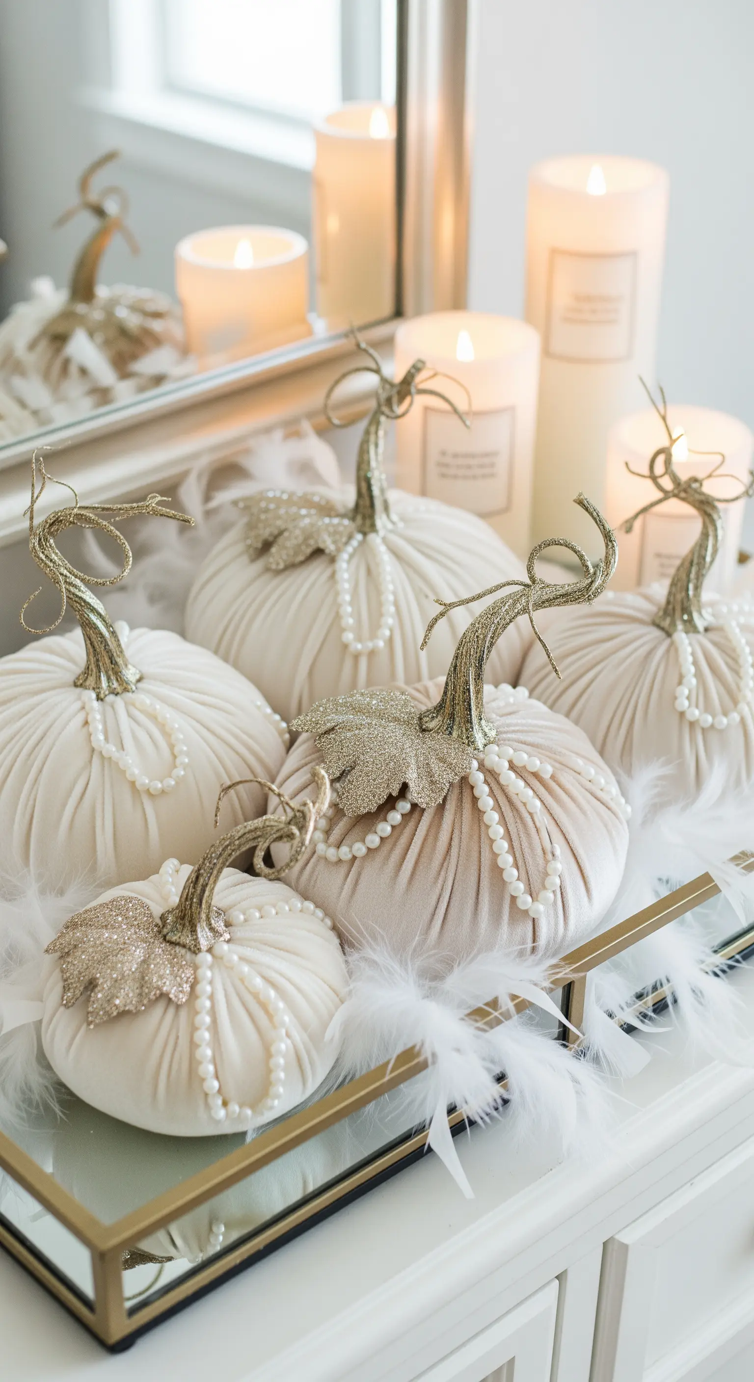 Zucche in velluto bianco decorate con perle e glitter oro, circondate da candele.