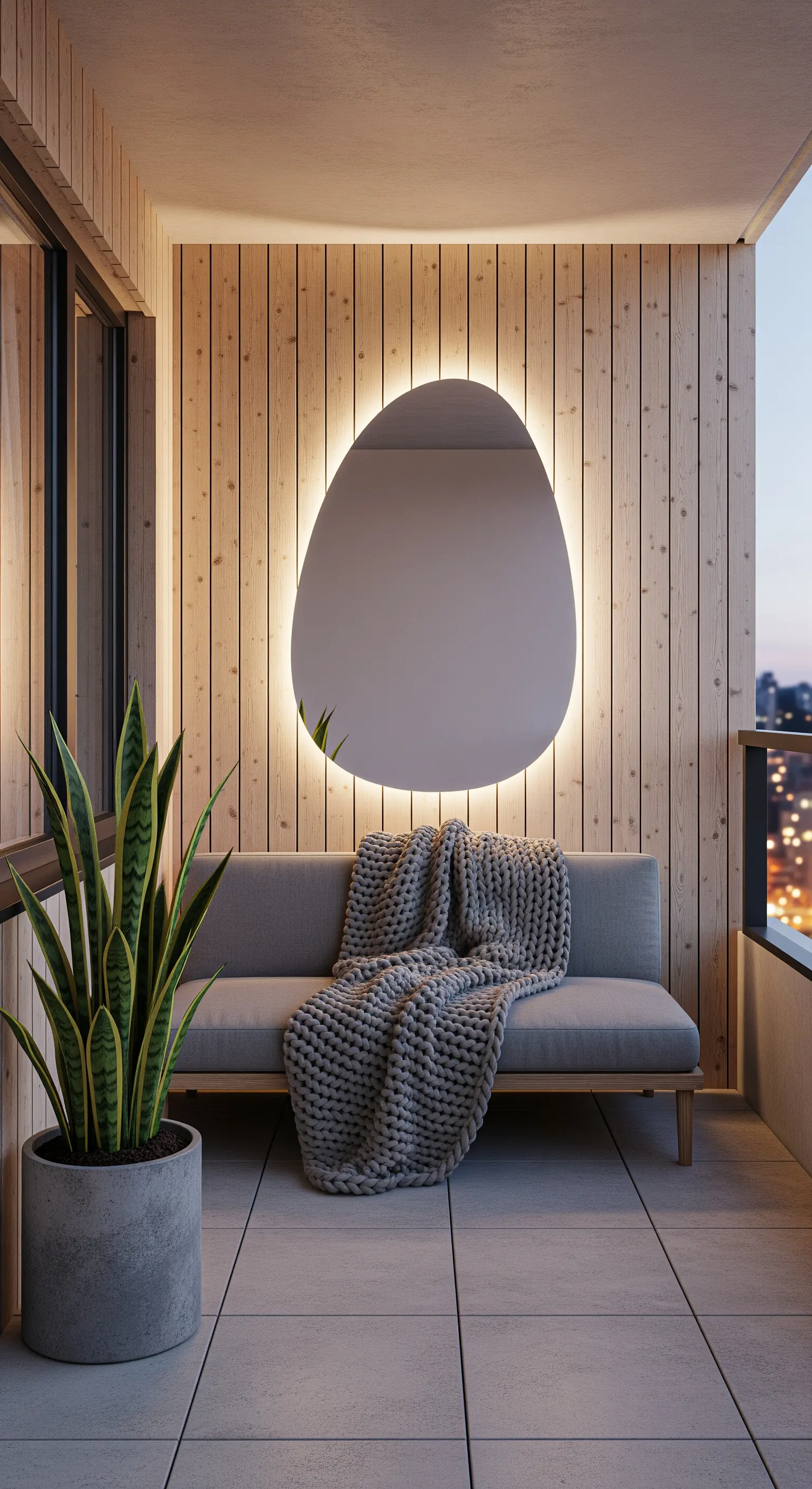 Specchio di forma organica retroilluminato su parete in legno chiaro, con divano grigio e coperta.