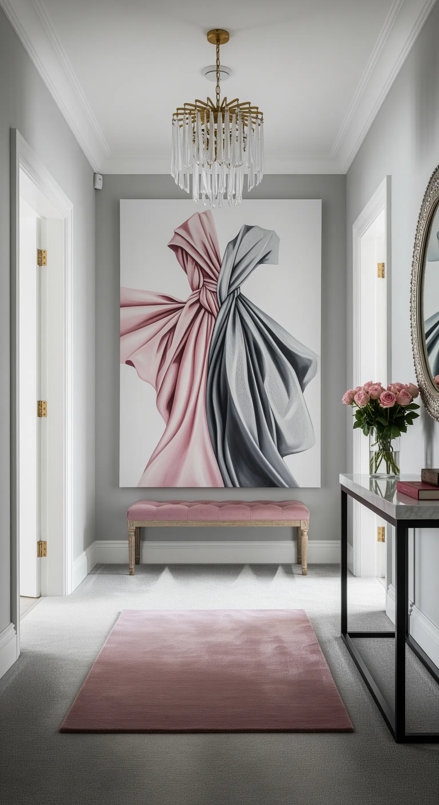 Corridoio elegante con quadro di drappeggi rosa e grigi, panca e tappeto rosa cipria.