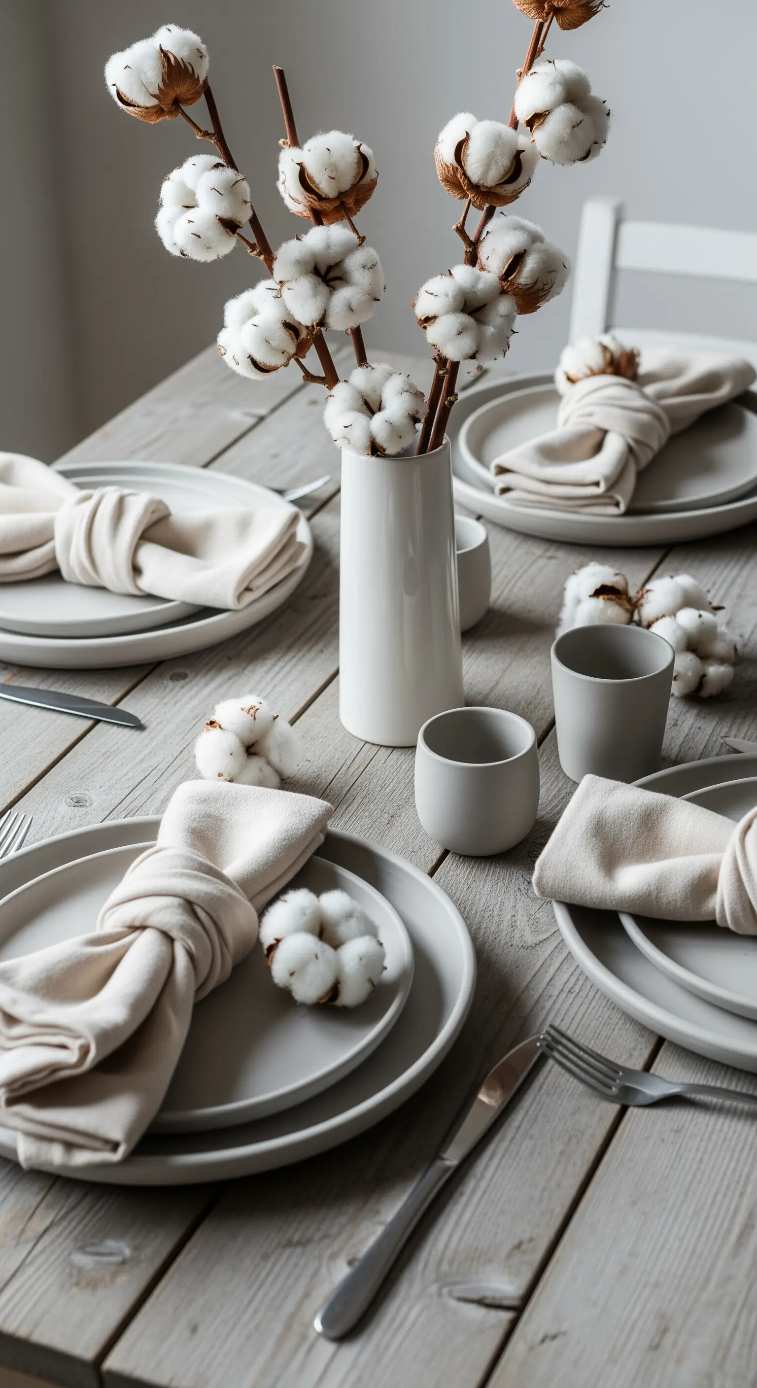 Tavola in legno con piatti grigi e decorazioni fatte con rami di cotone.