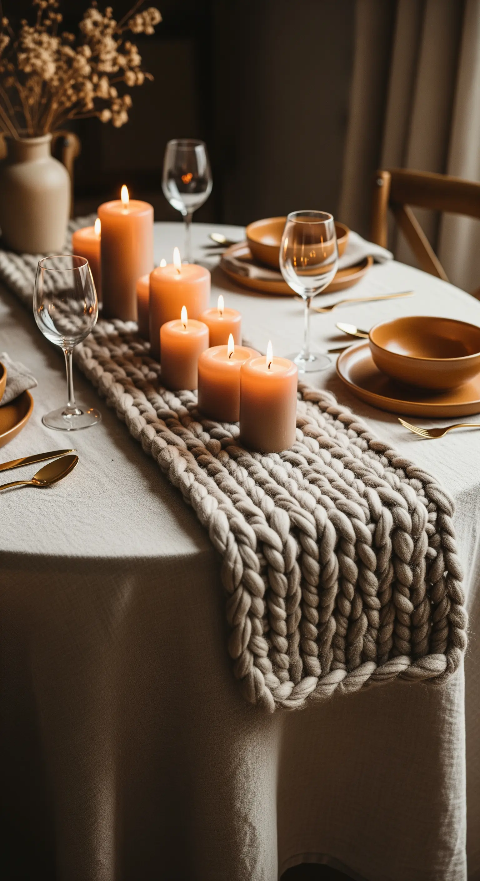 Runner in maglia spessa con candele colorate di diverse altezze.