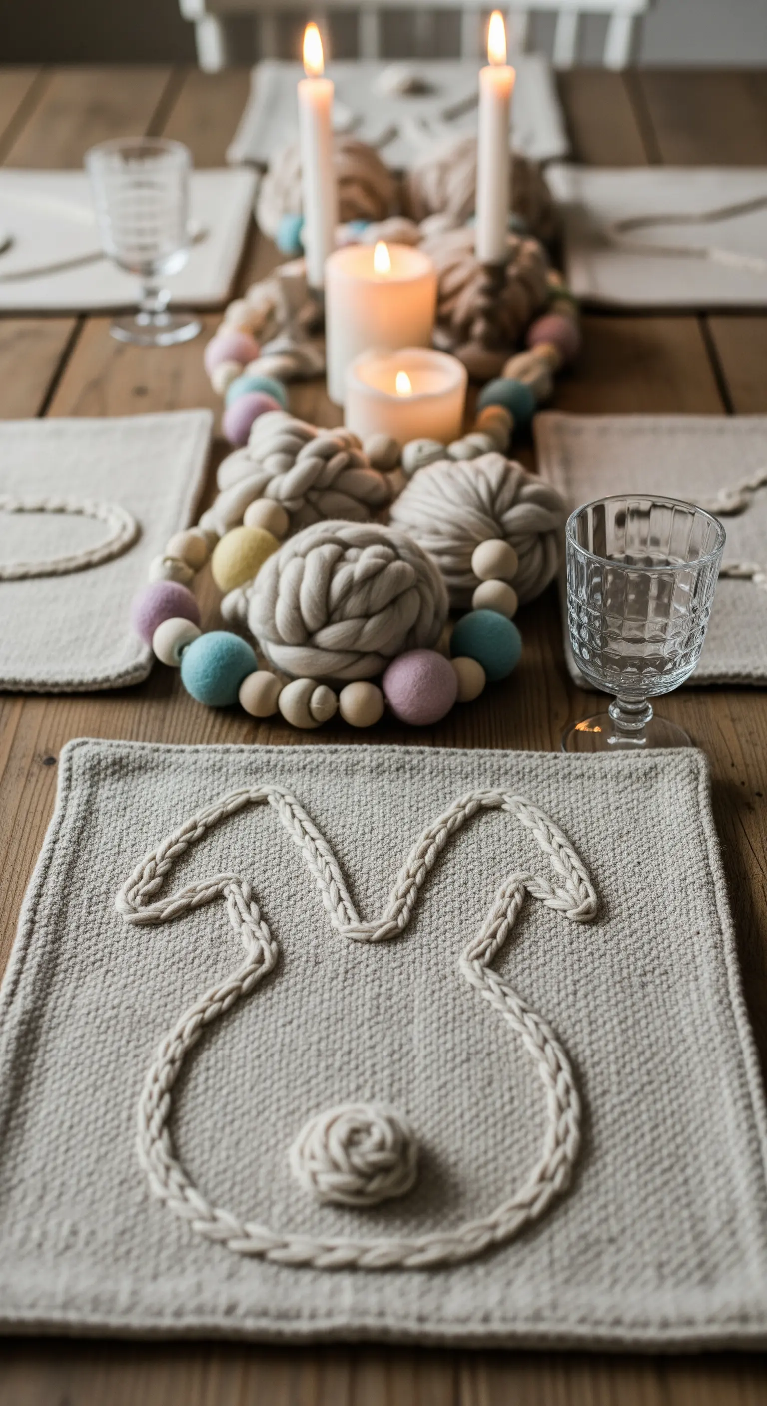 Centrotavola con ghirlanda di lana, perle di legno e feltro, con tovaglietta in tessuto grezzo a forma di coniglio.