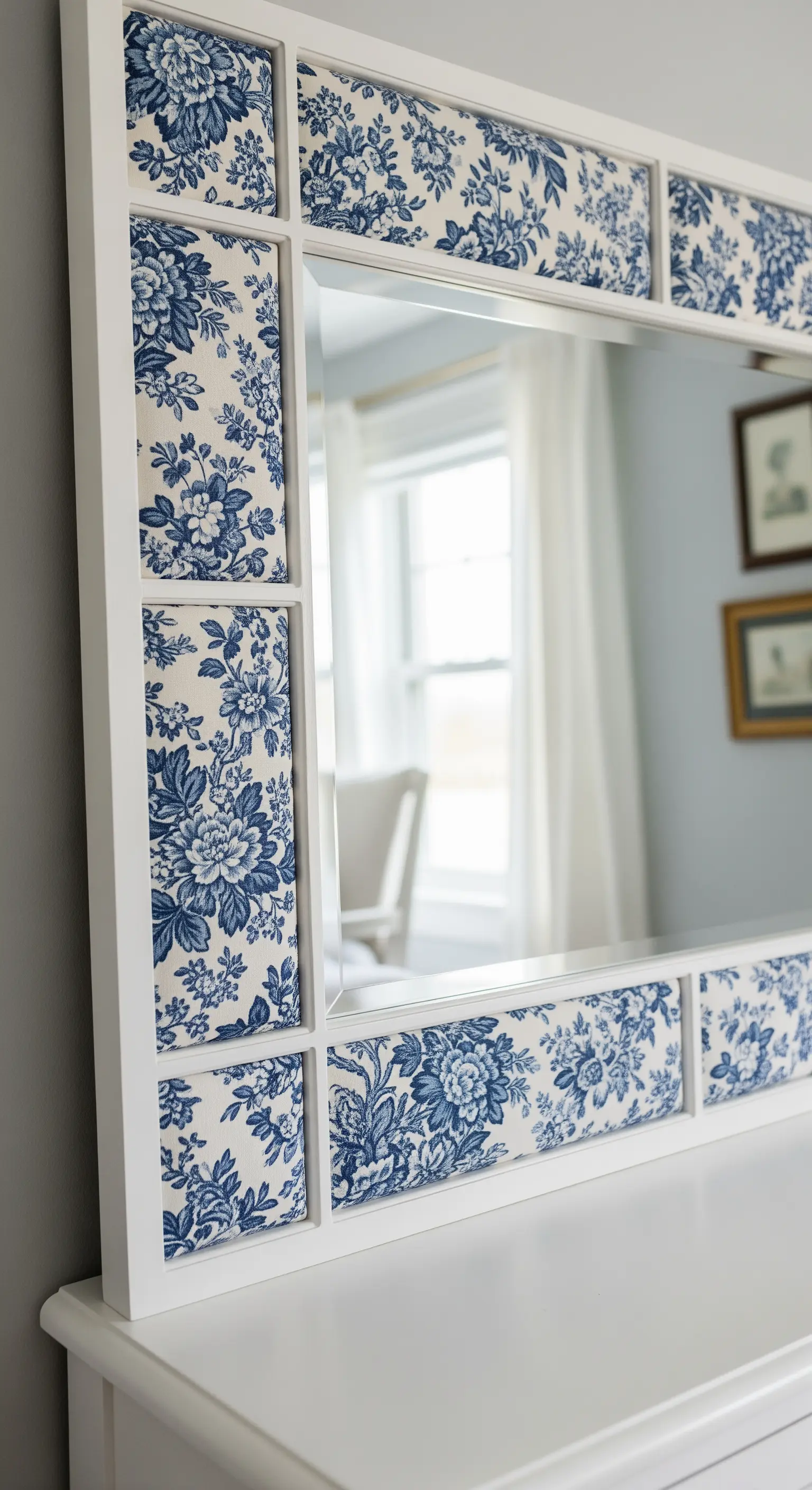 Specchio con cornice a riquadri rivestiti in tessuto floreale bianco e blu.