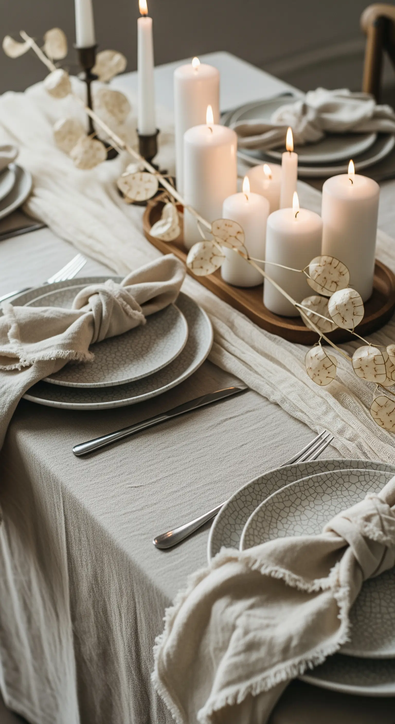 Tavola con tovaglia in lino grezzo, piatti materici e un gruppo di candele bianche accese.