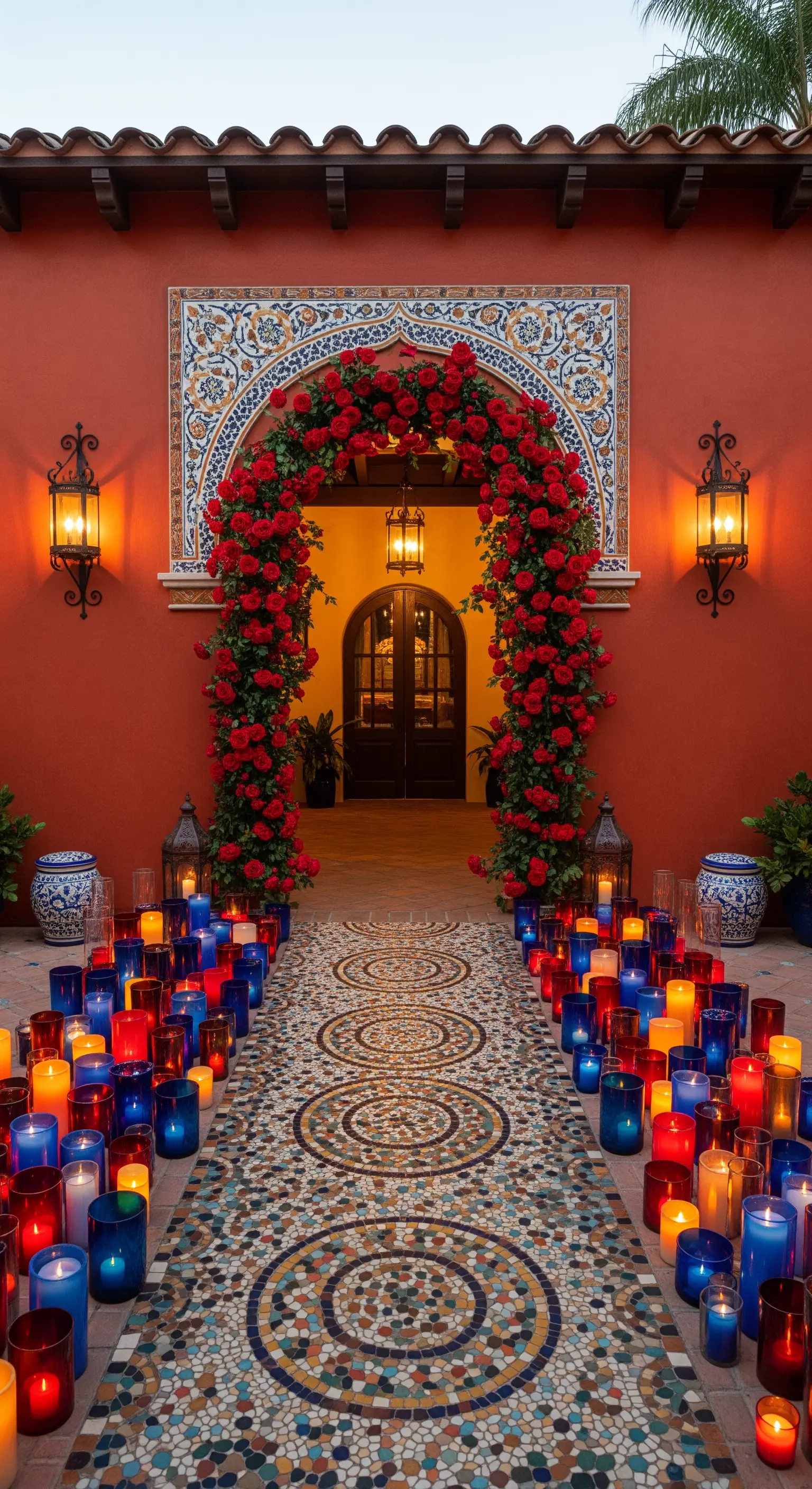 Arco con rose rosse e sentiero in mosaico, illuminato da una moltitudine di candele colorate.