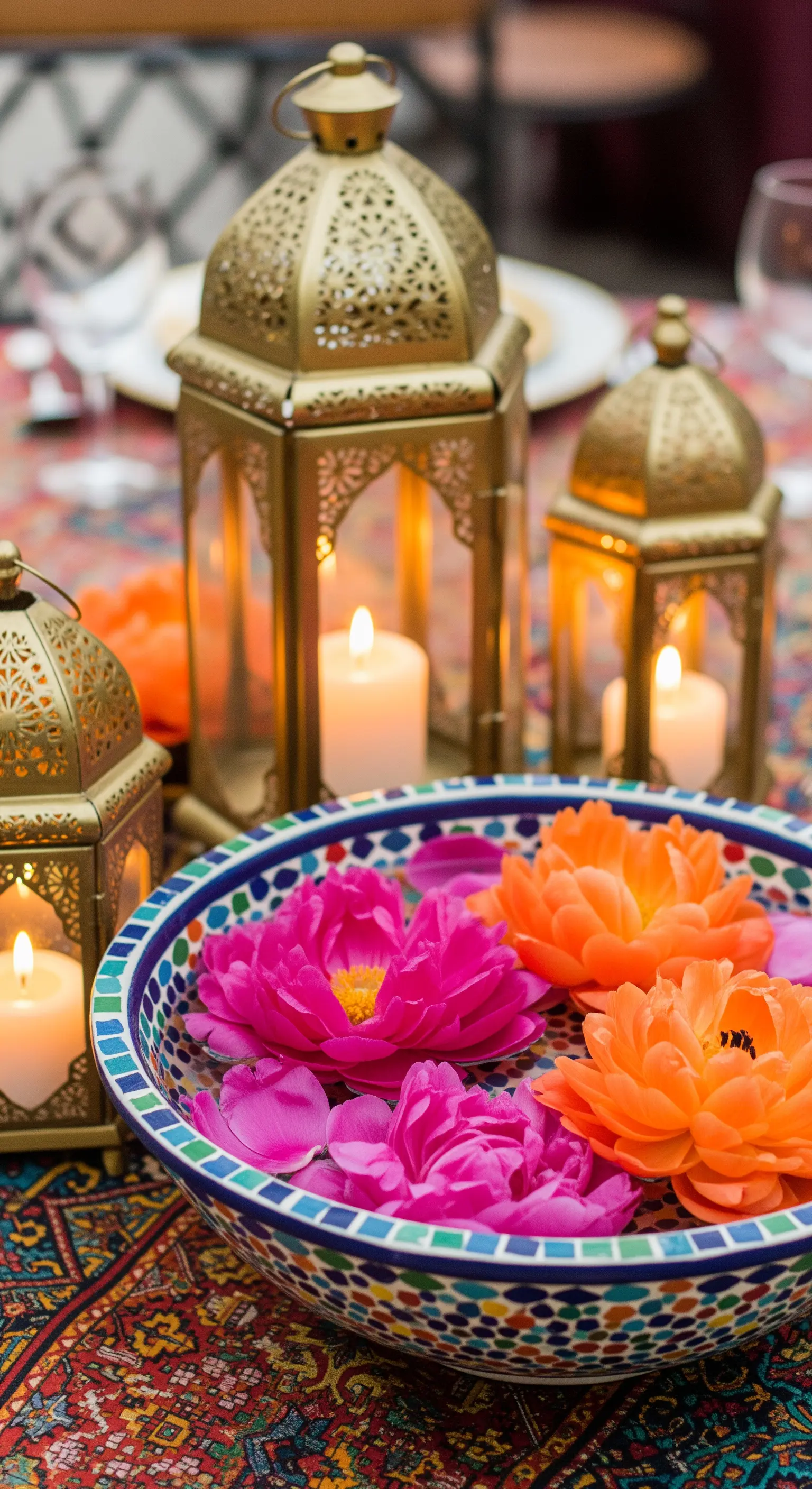 Ciotola a mosaico con peonie fucsia e arancio, affiancata da lanterne marocchine dorate.