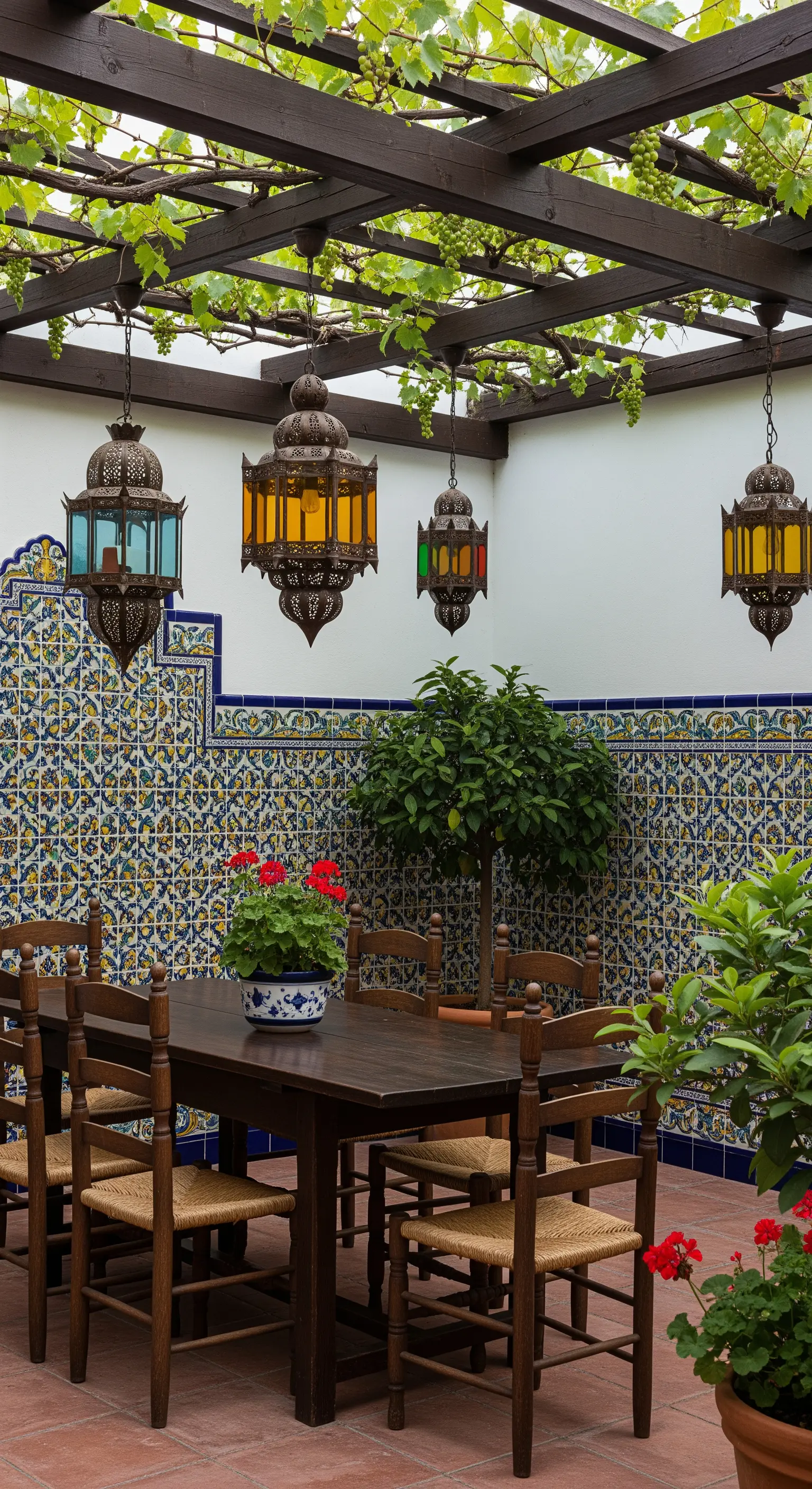 Patio con parete a mosaico, tavolo in legno scuro e grandi lanterne marocchine colorate