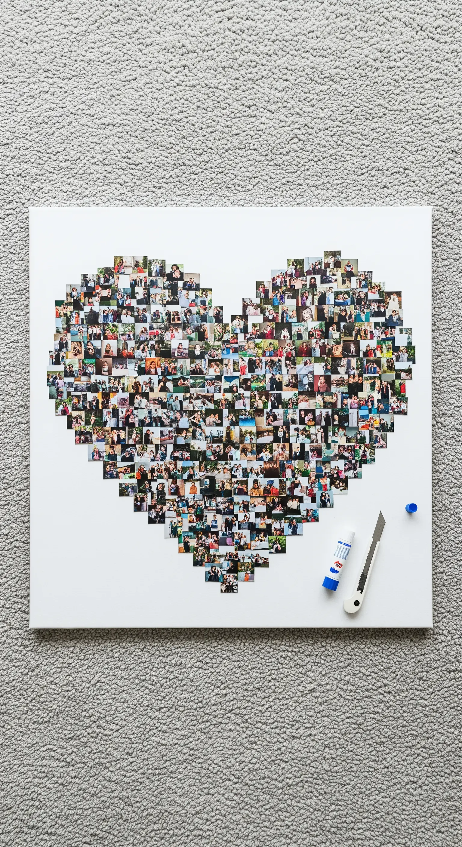 Grande collage di fotografie a forma di cuore su una tela bianca, visto dall'alto.