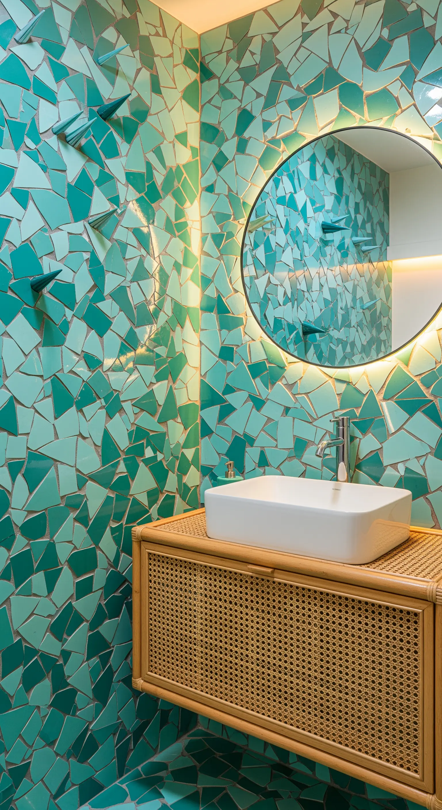 Parete a mosaico con frammenti di piastrelle turchesi e specchio retroilluminato.