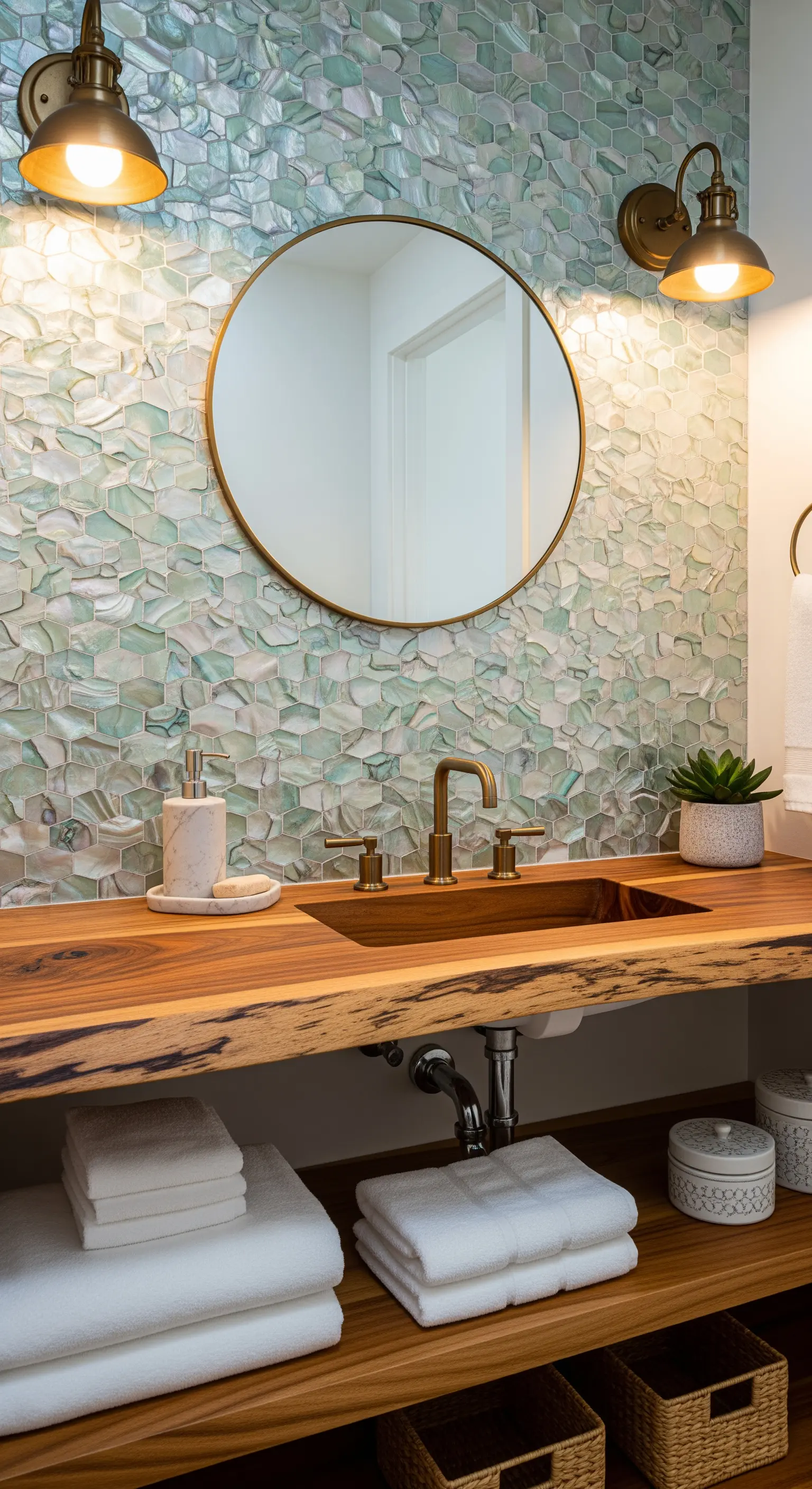 Parete con mosaico in madreperla, top in legno massello e lavabo integrato.