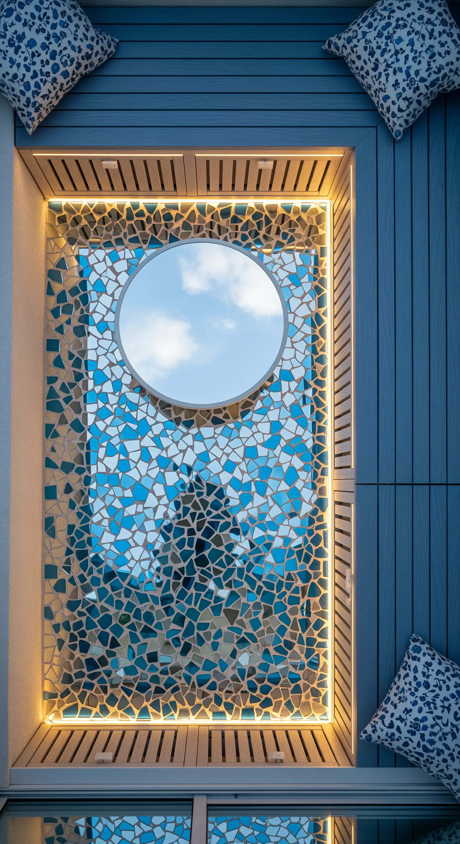 Nicchia decorata con un mosaico di specchi blu e incorniciata da illuminazione a LED.