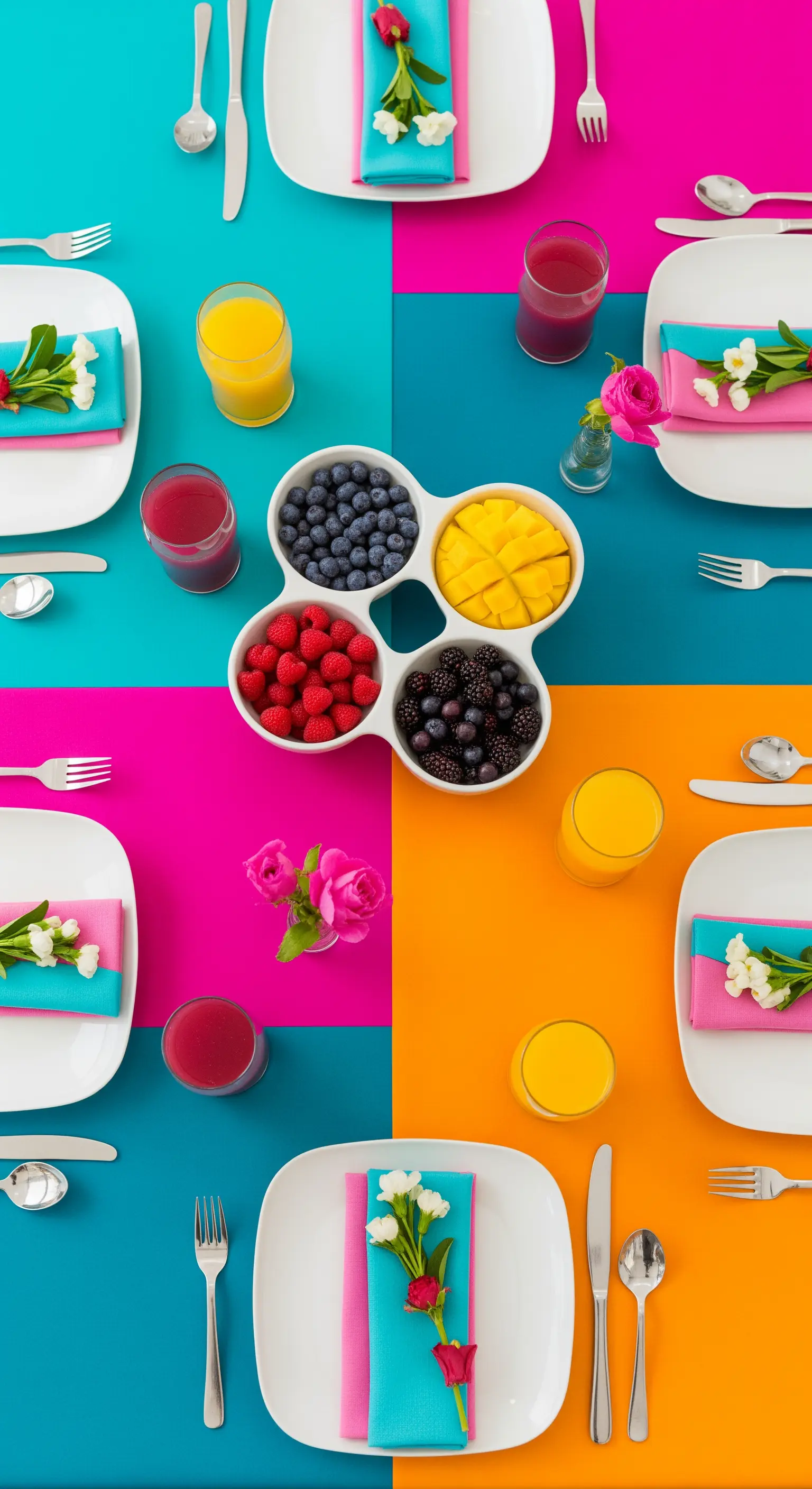 Tavola moderna con una tovaglia a blocchi di colore vivaci.