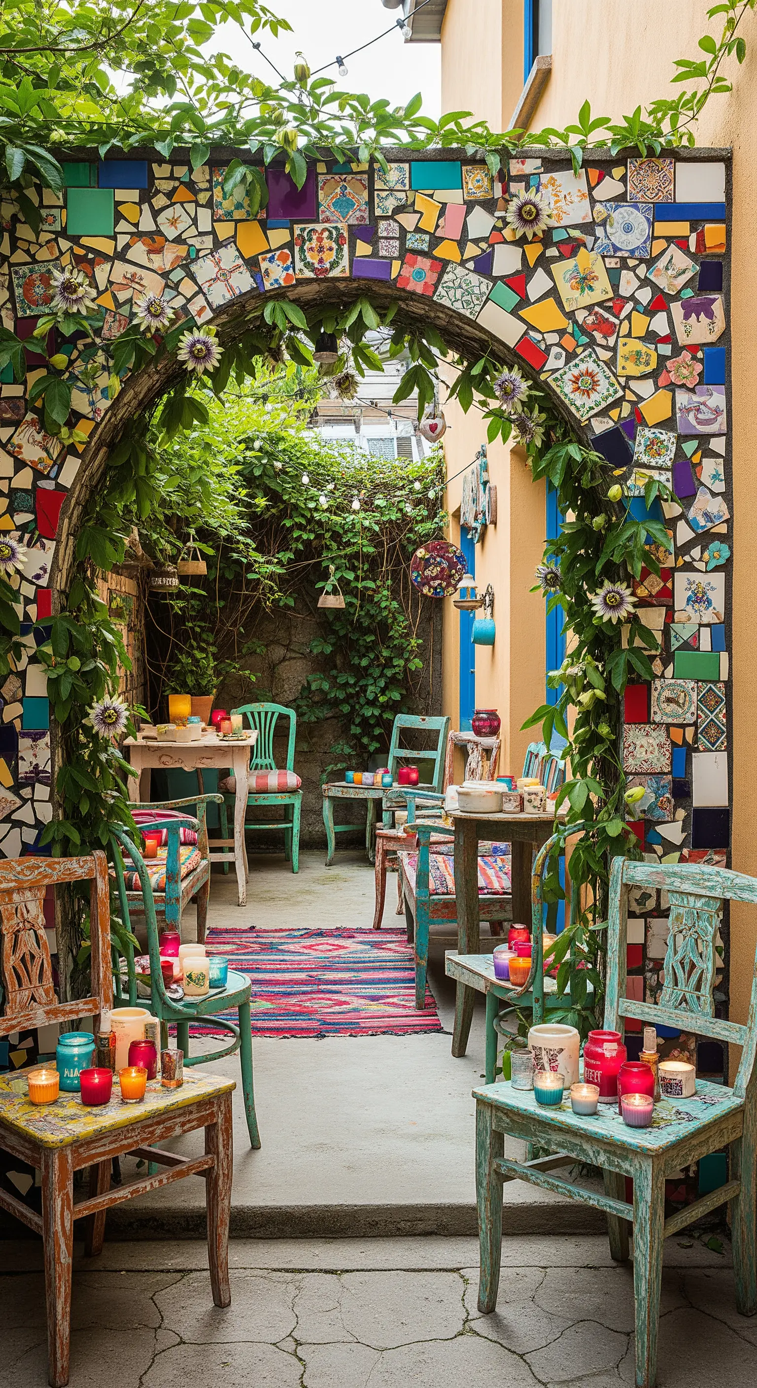 Patio artistico con arco a mosaico colorato e sedie spaiate dipinte.