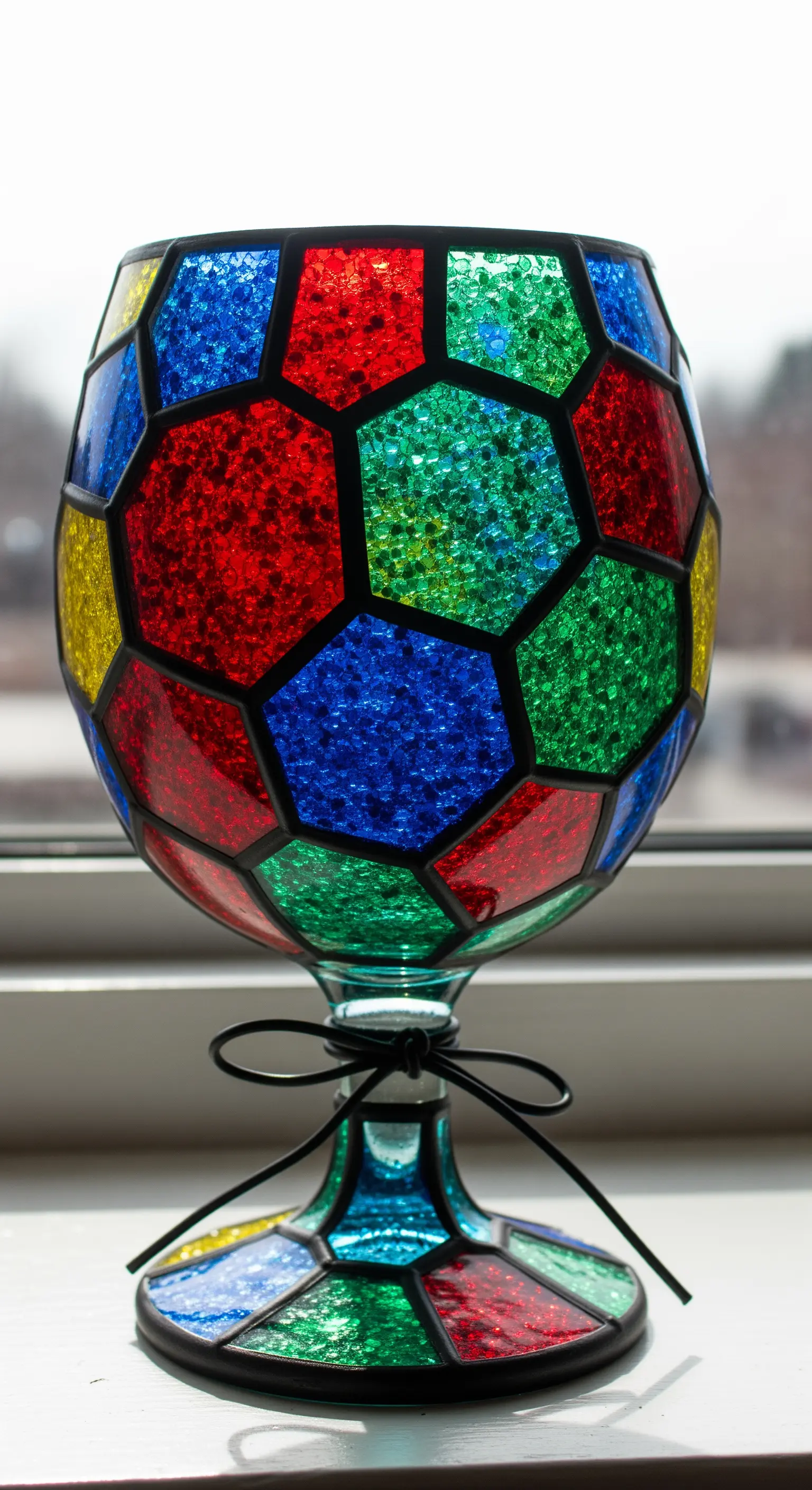 Calice decorato con glitter multicolore a creare un effetto vetrata colorata.