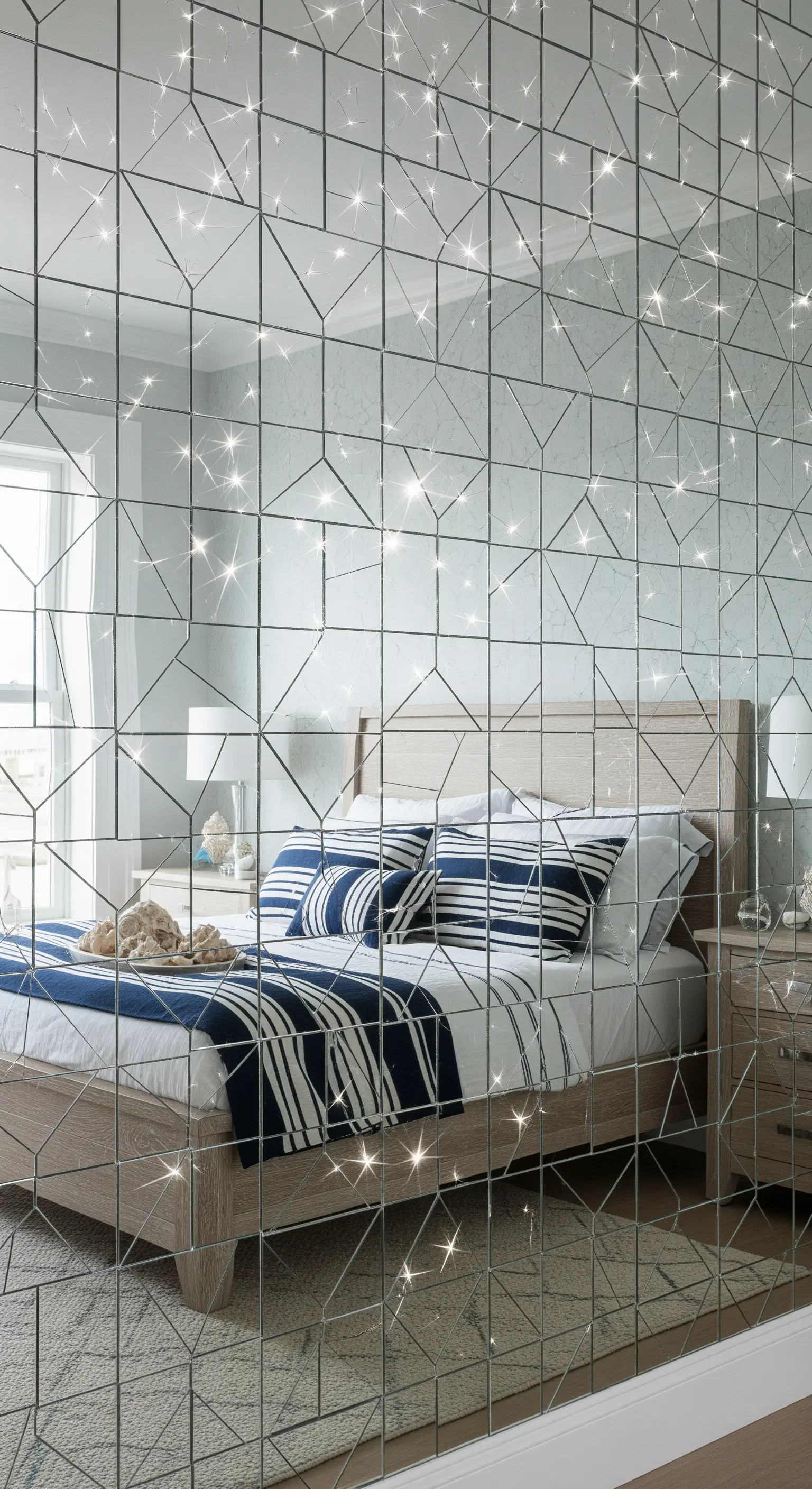 Parete dietro al letto rivestita con piastrelle a specchio geometriche che creano un effetto scintillante.