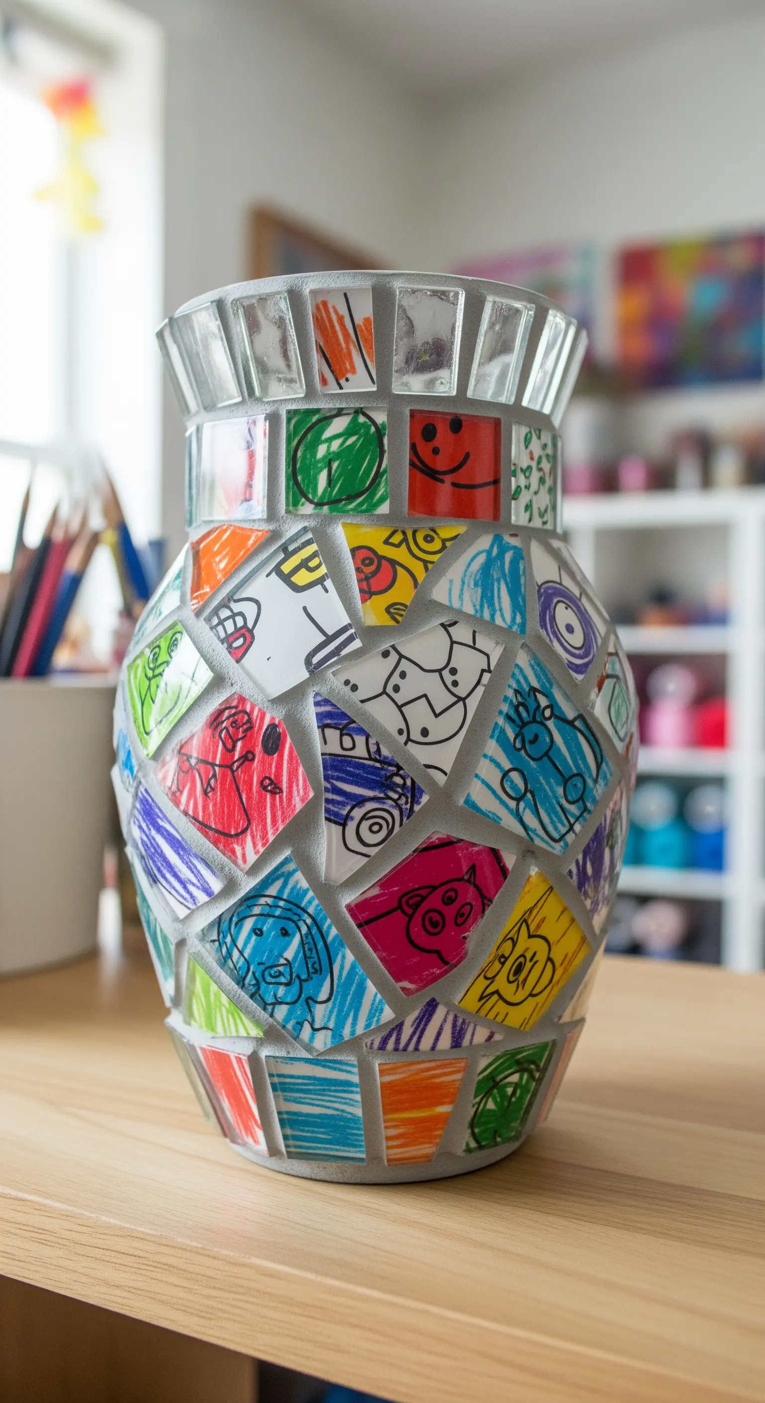 Vaso decorato con un mosaico di tessere di vetro che racchiudono disegni colorati fatti da bambini.