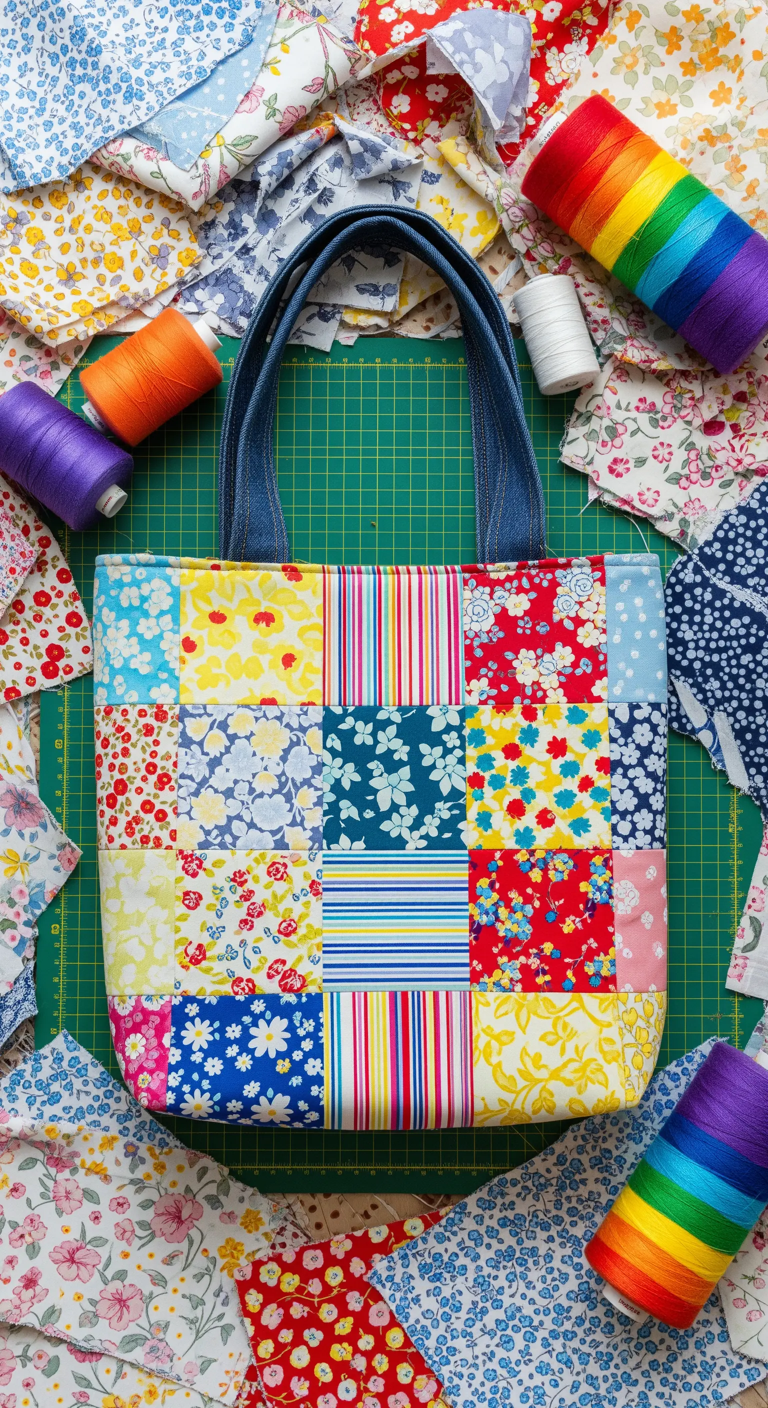 Borsa shopper realizzata con la tecnica patchwork, unendo ritagli di tessuti floreali colorati.