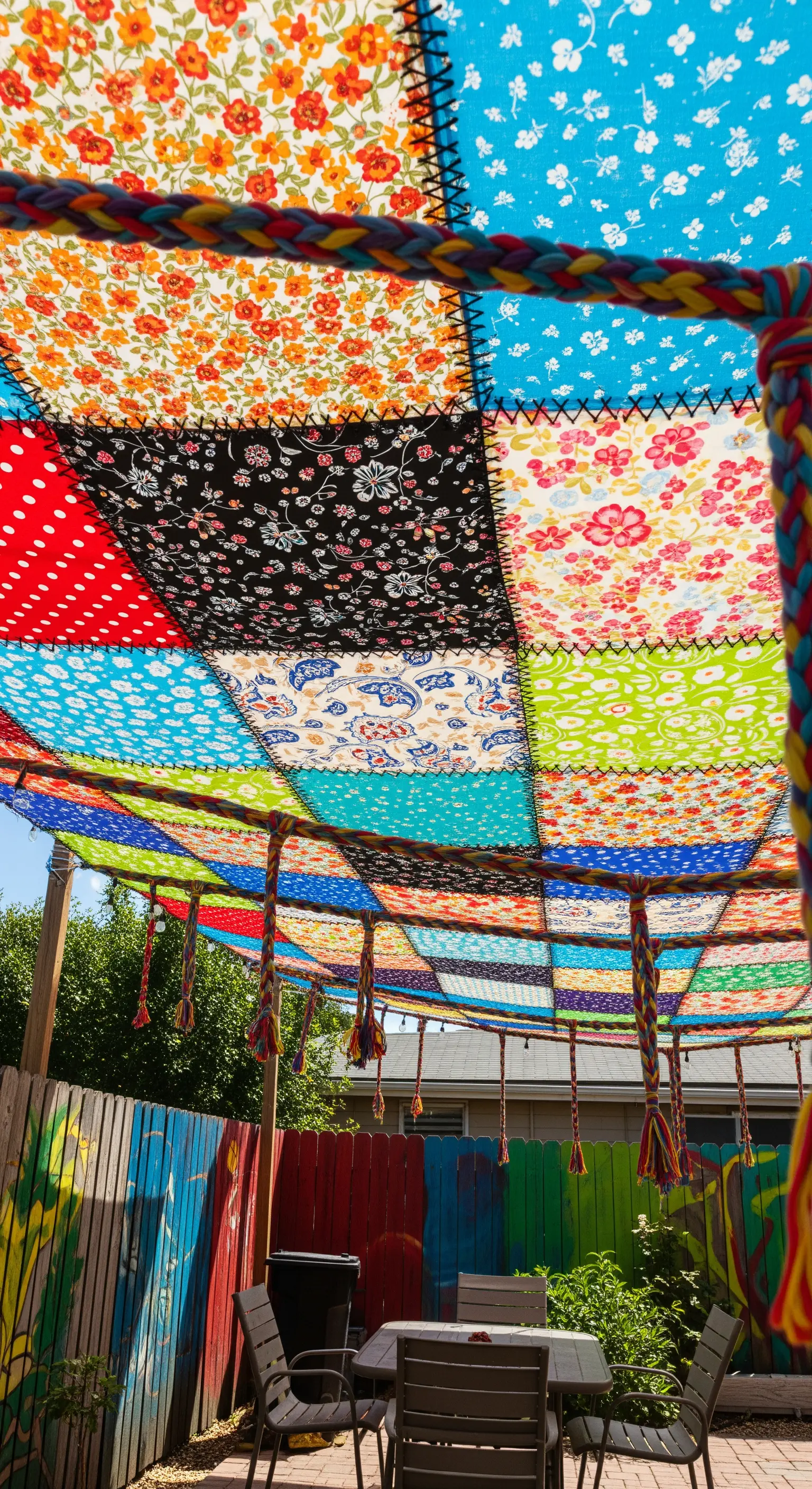 Tenda da sole patchwork realizzata con quadrati di tessuti colorati e corde intrecciate.
