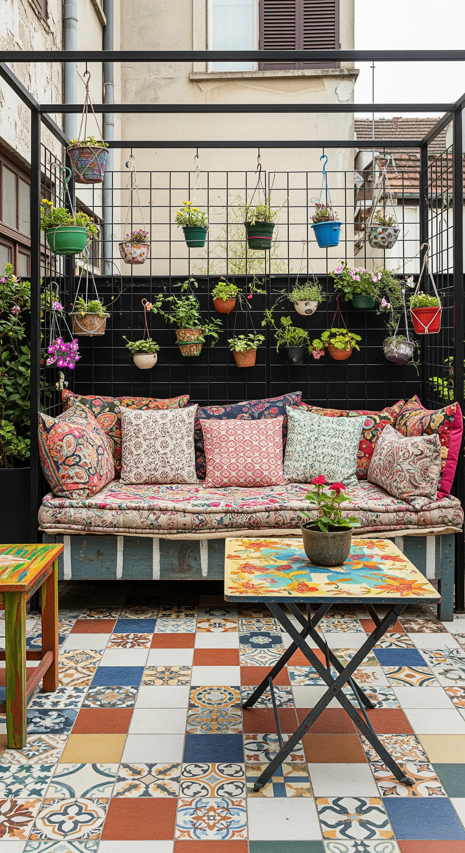 Patio eclettico con pavimento a cementine, divano con cuscini fantasia e piante sospese