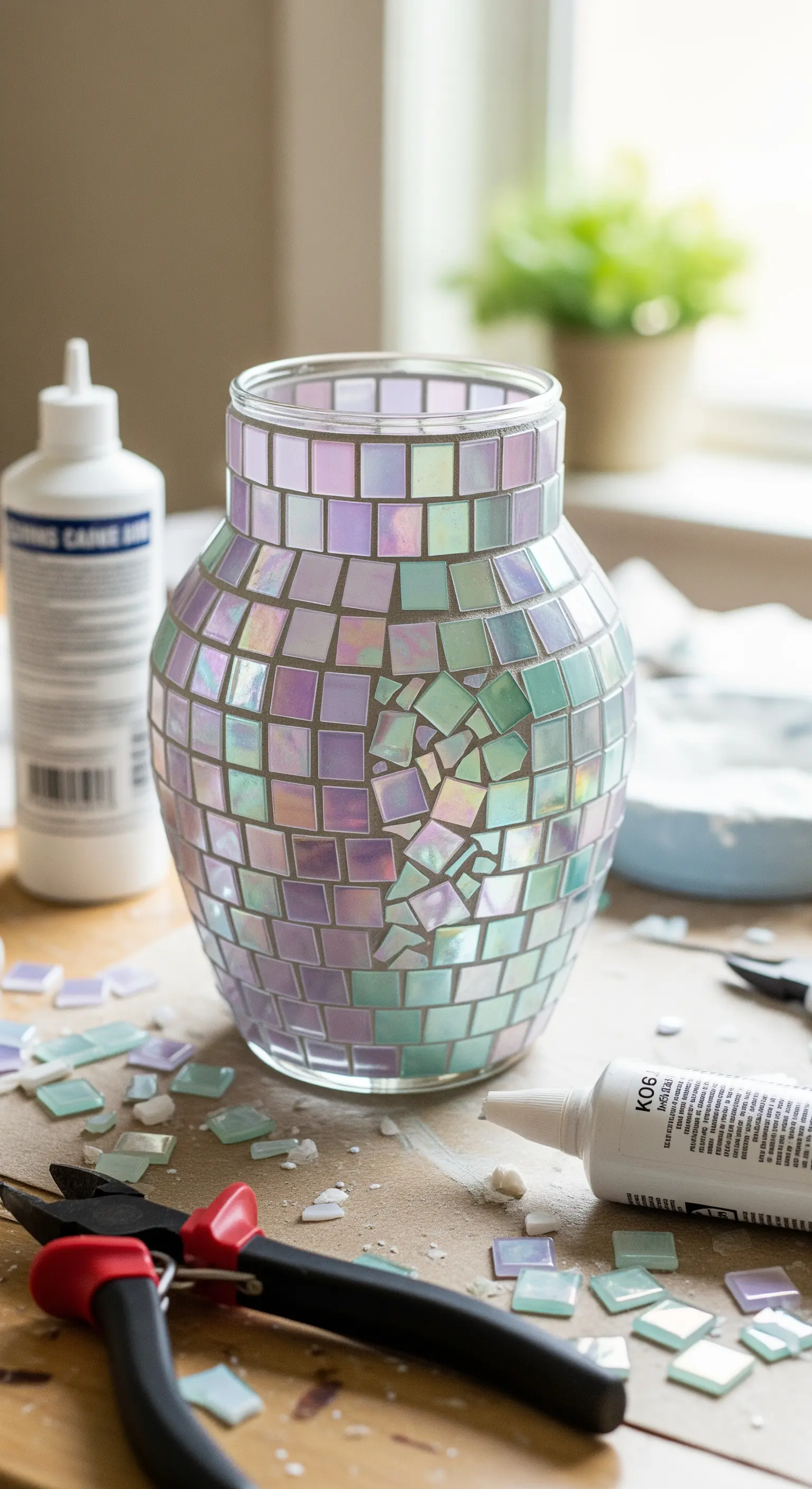 Vaso di vetro in fase di decorazione con tessere di mosaico quadrate dai colori pastello iridescenti.