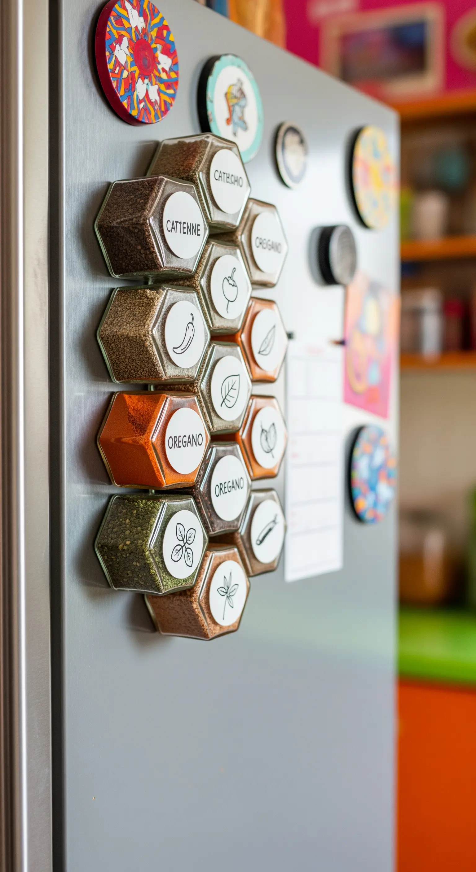 Barattoli portaspezie esagonali e magnetici disposti a nido d'ape sul frigorifero.