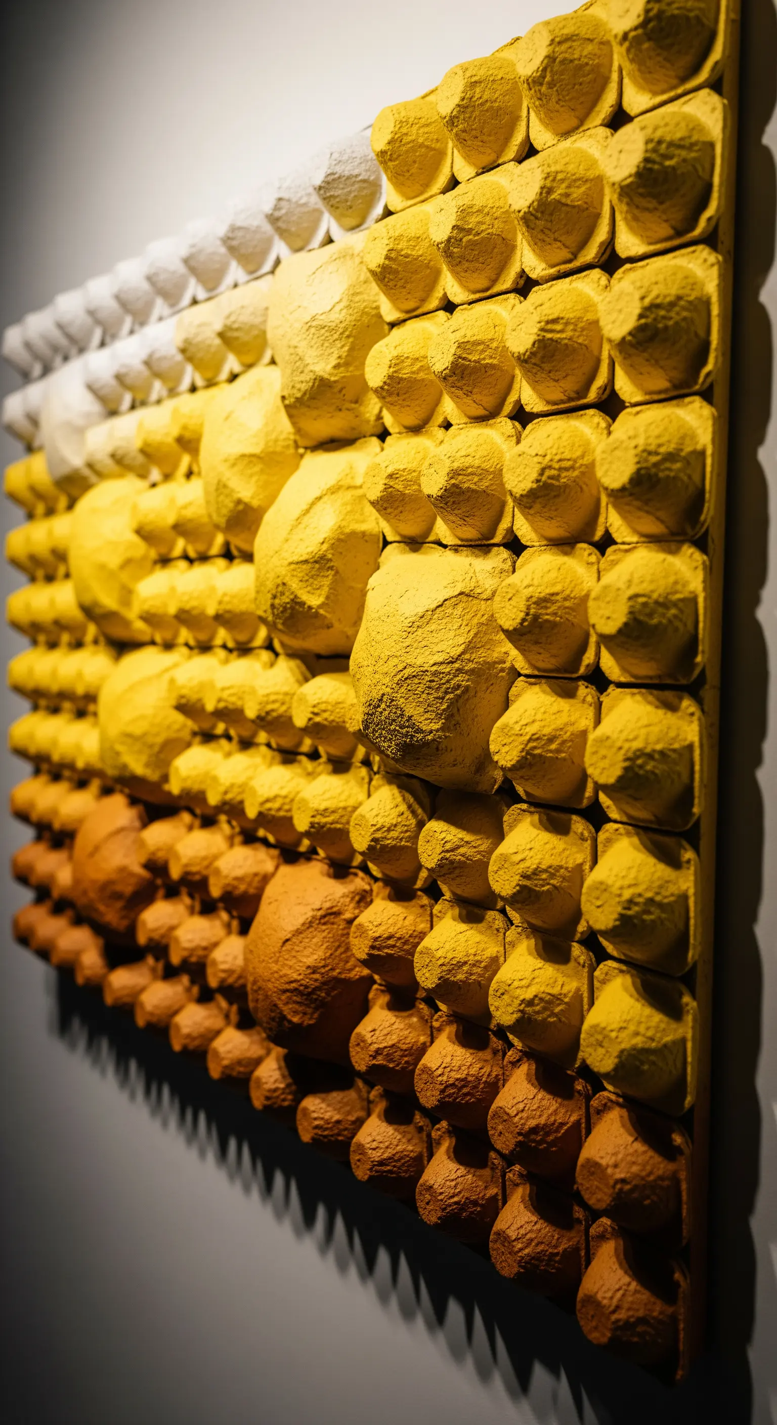 Pannello decorativo realizzato con cartoni delle uova dipinti in una gradazione dal bianco all'ocra.