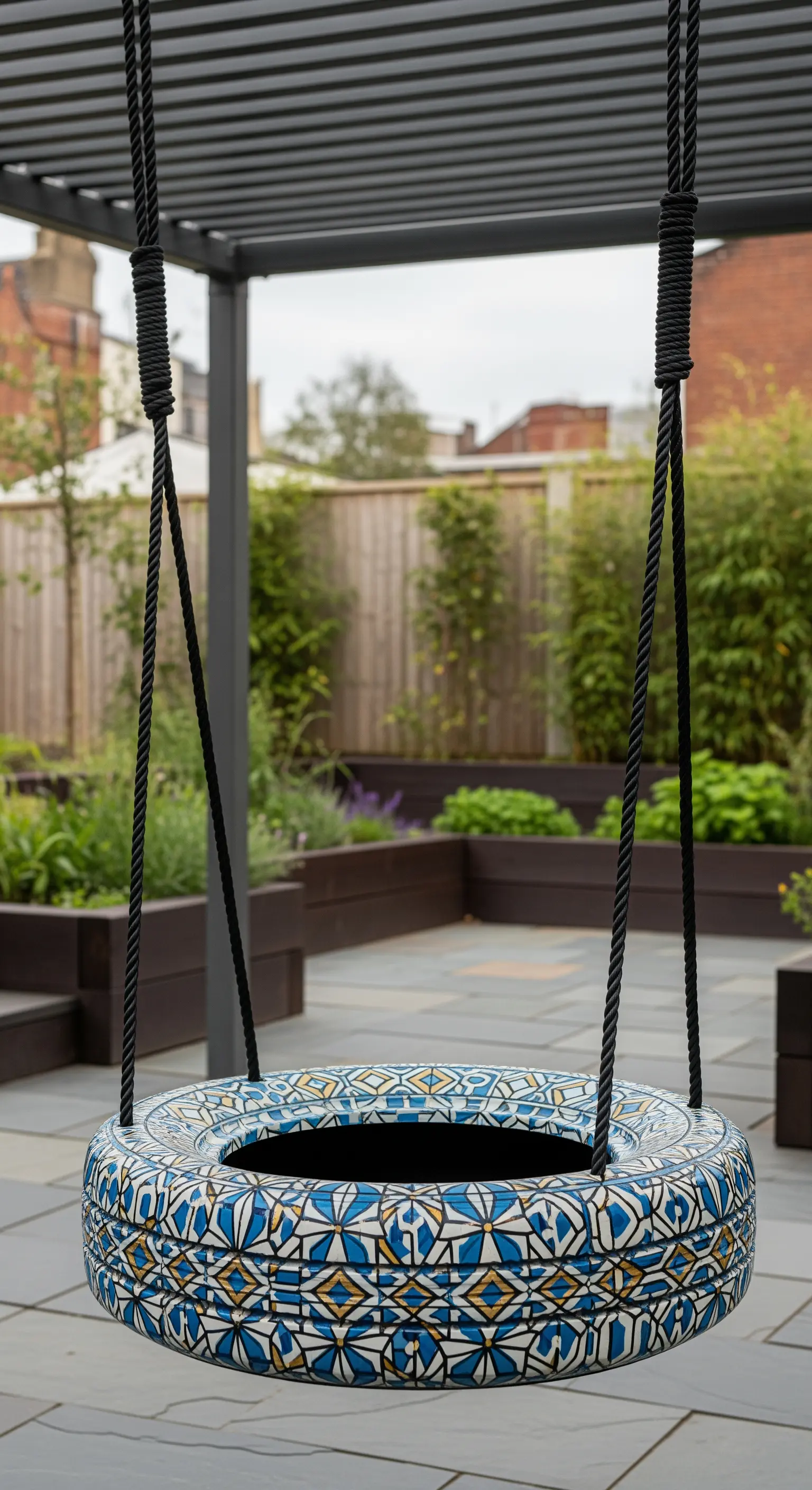 Pneumatico dipinto con un complesso motivo a mosaico in stile maiolica blu, gialla e bianca.