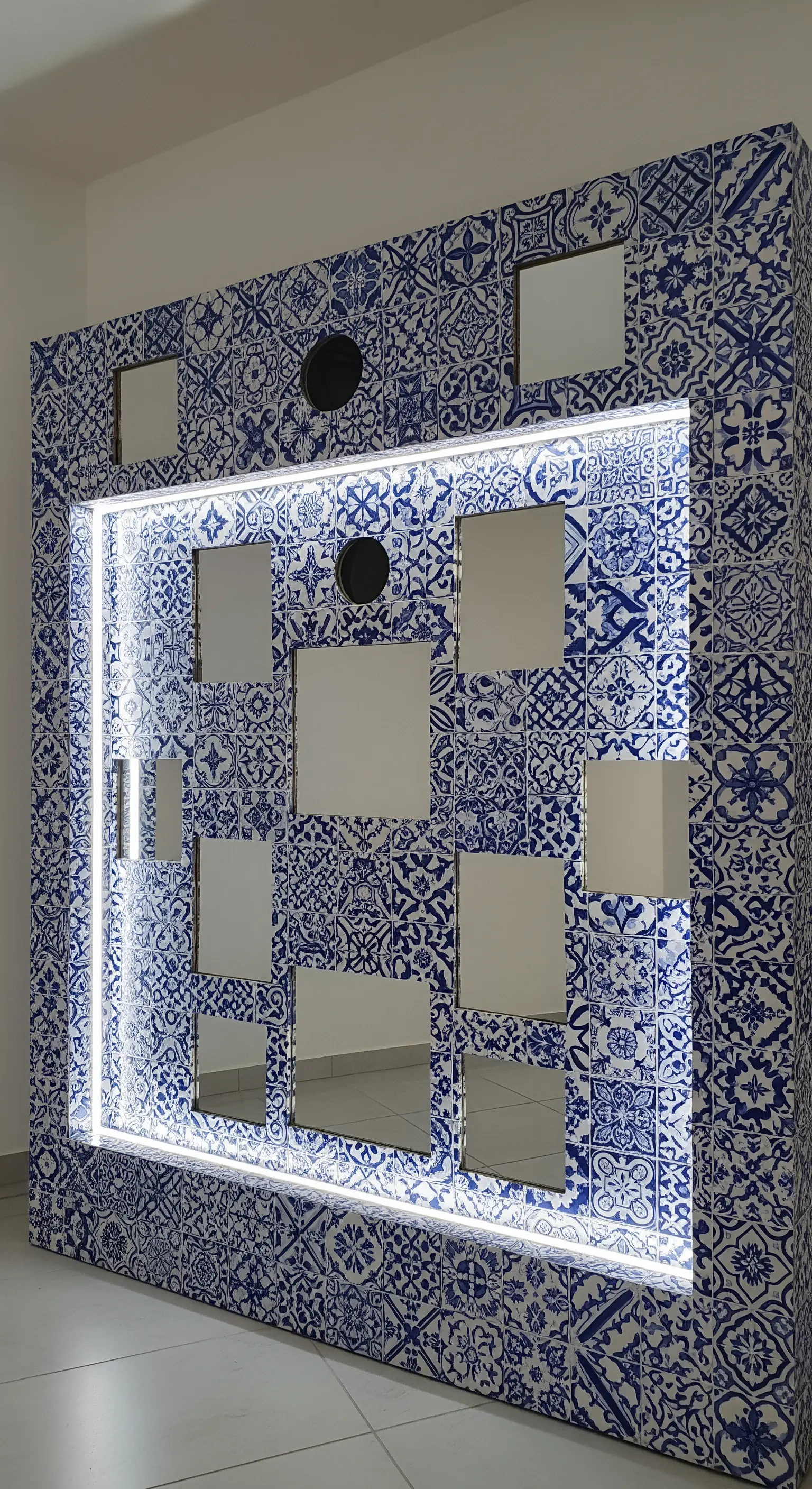 Parete photobooth rivestita di piastrelle maioliche bianche e blu, con specchi e luce LED.