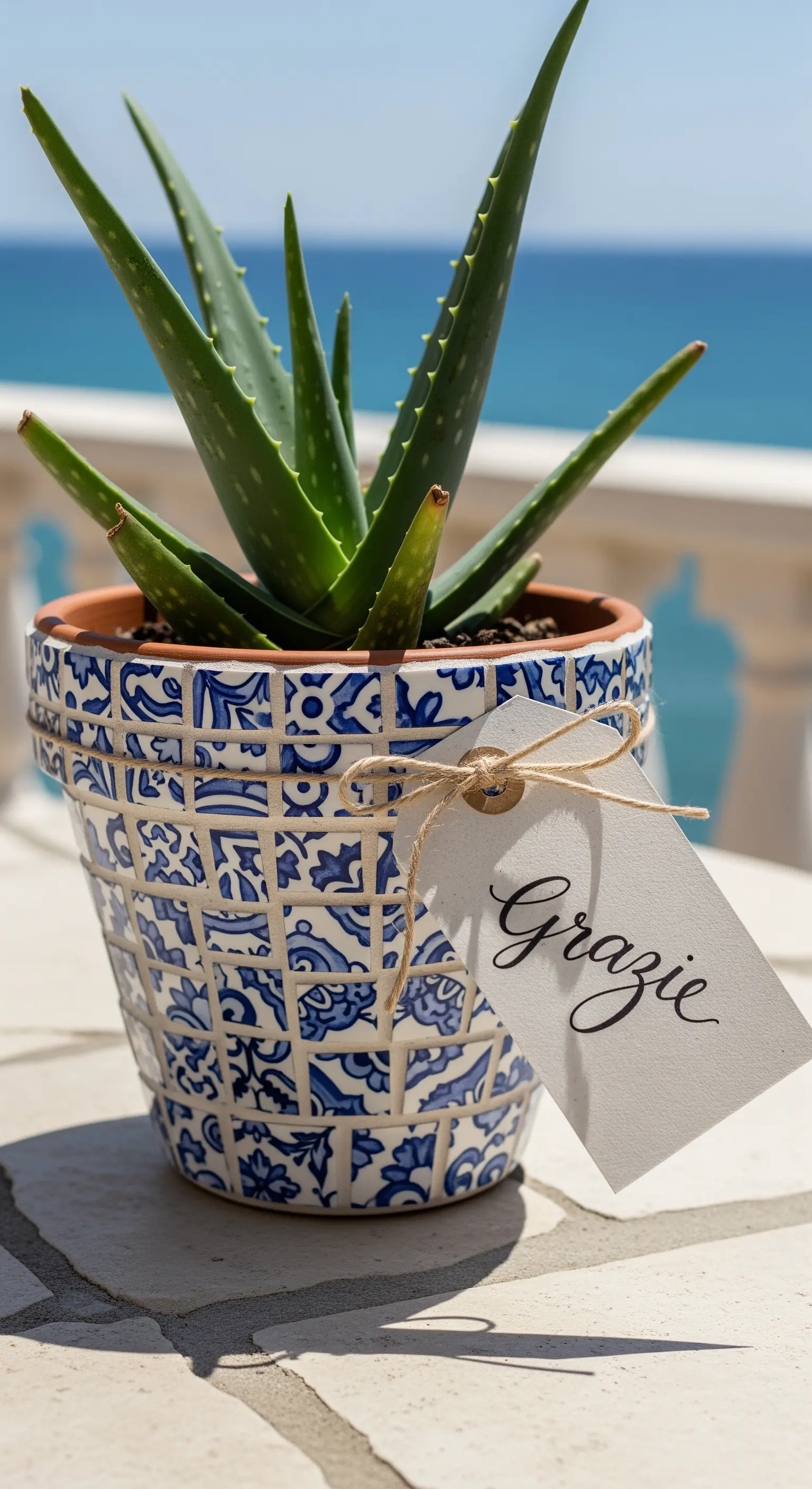 Vaso per aloe vera con un mosaico di piastrelle bianche e blu, con etichetta 