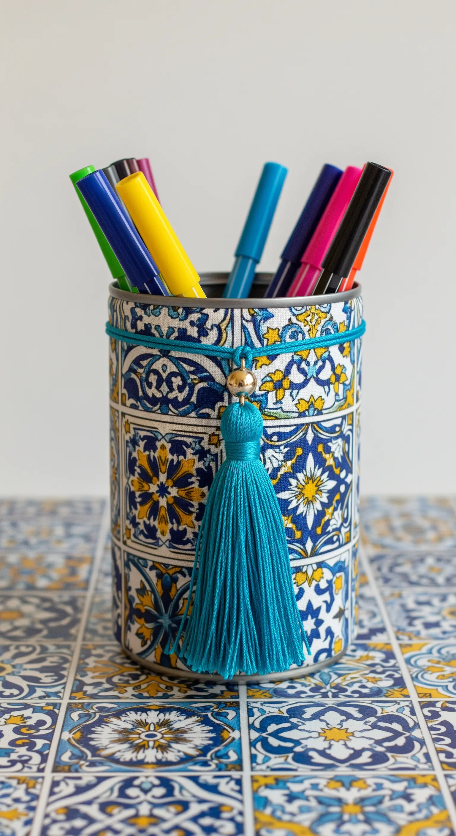 Portapenne con motivo a maioliche blu e gialle, decorato con una nappa turchese.