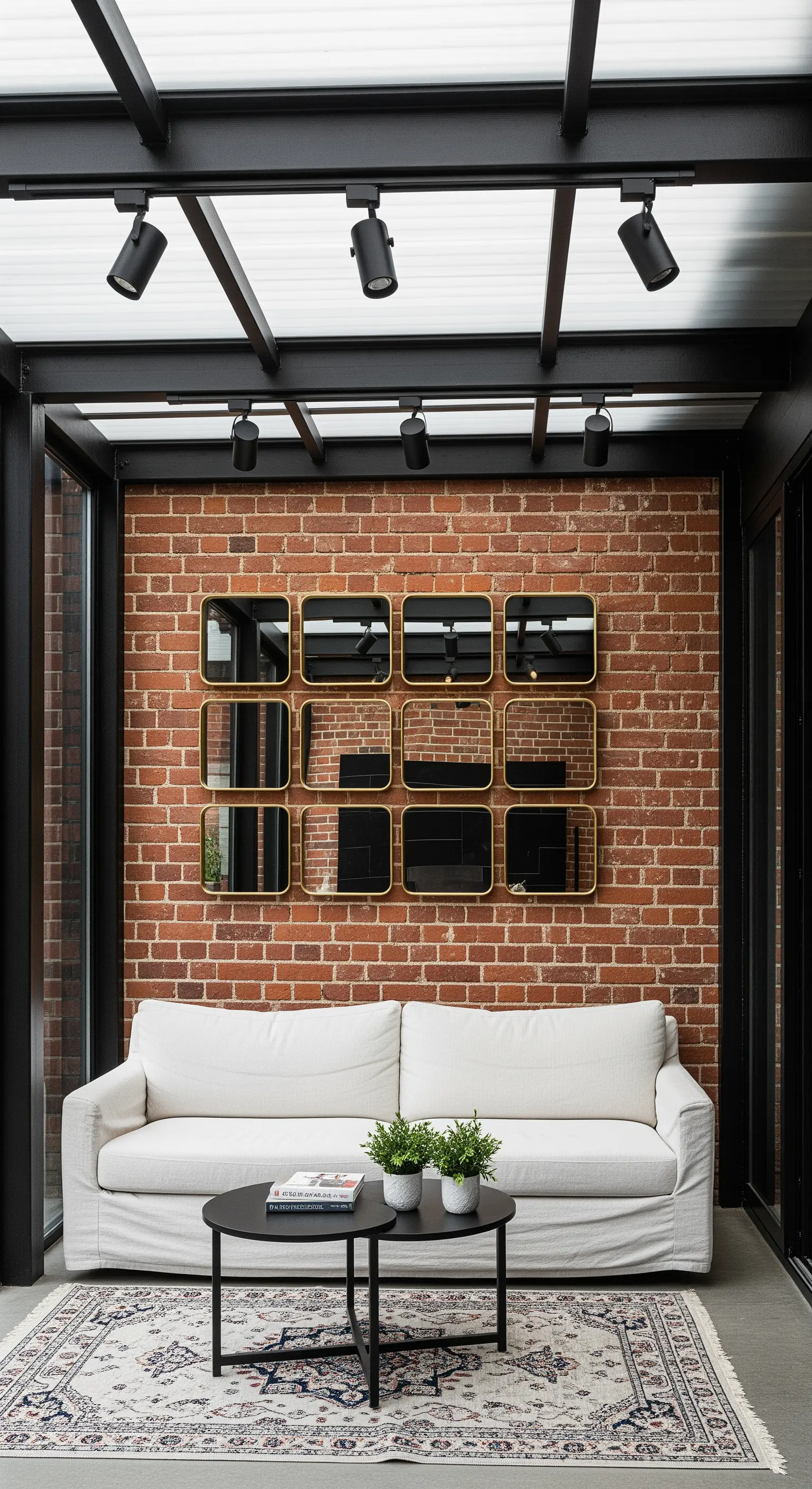 Veranda con parete in mattoni, divano bianco e una composizione di specchi quadrati con angoli arrotondati