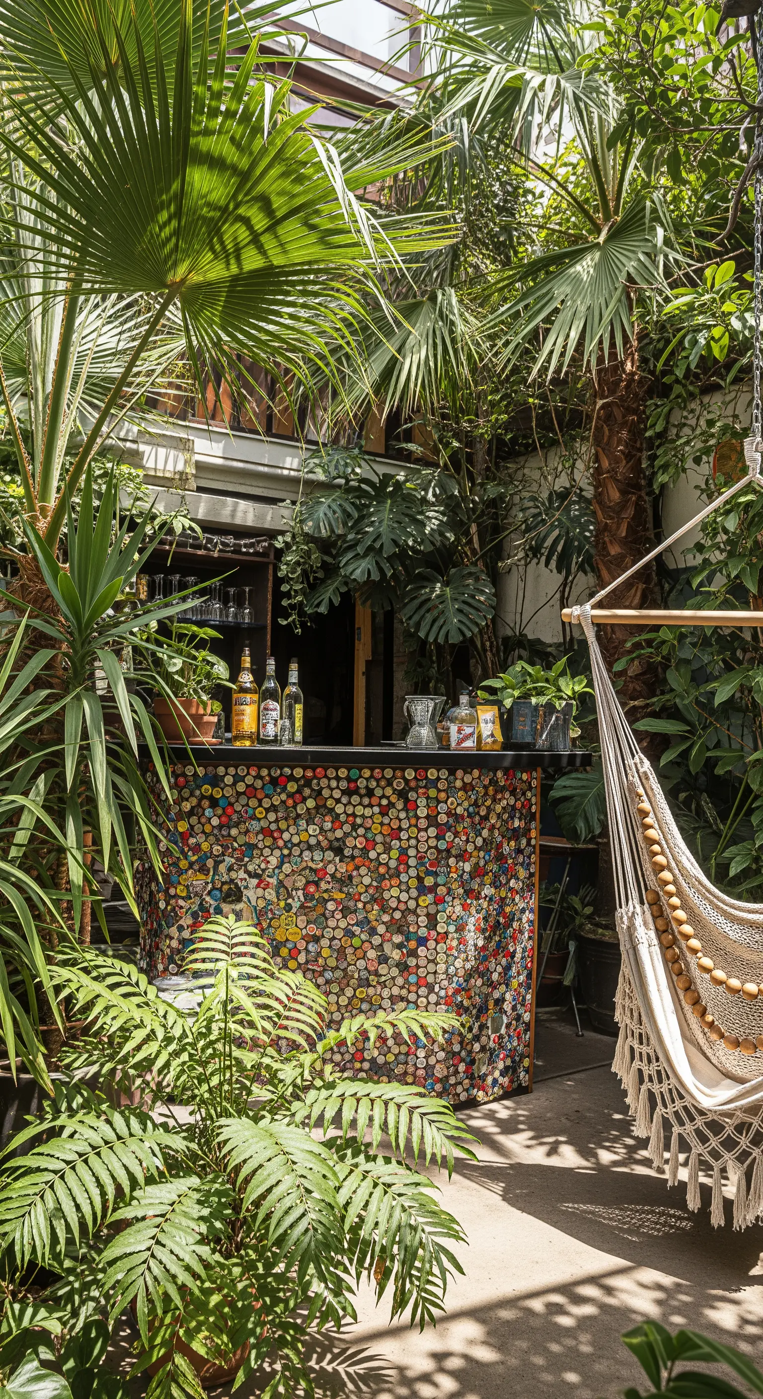 Bar da esterno decorato con un mosaico di tappi di bottiglia e un'amaca in macramè.
