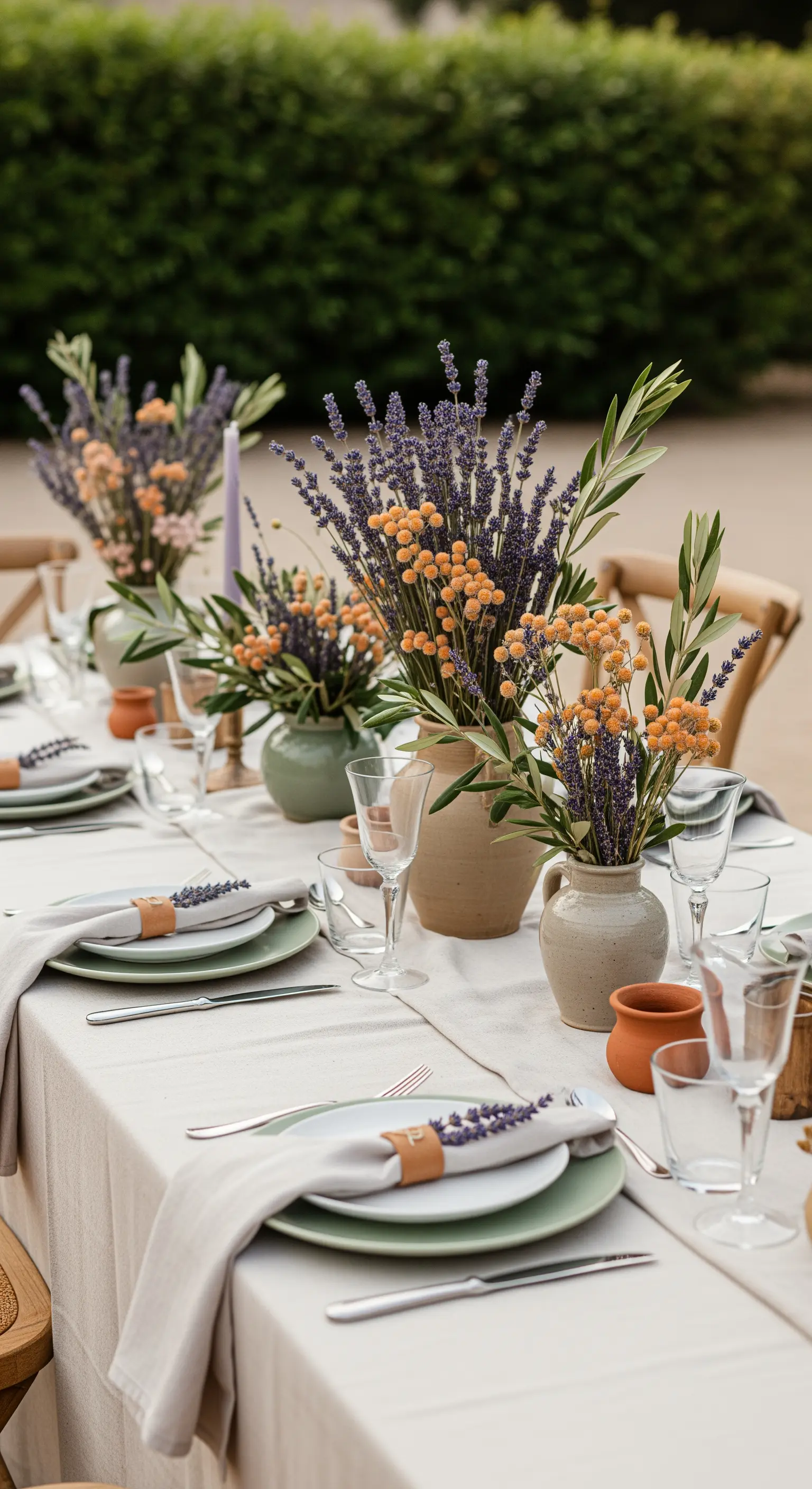 Tavola in stile mediterraneo con vasi in ceramica contenenti lavanda e fiori di campo.