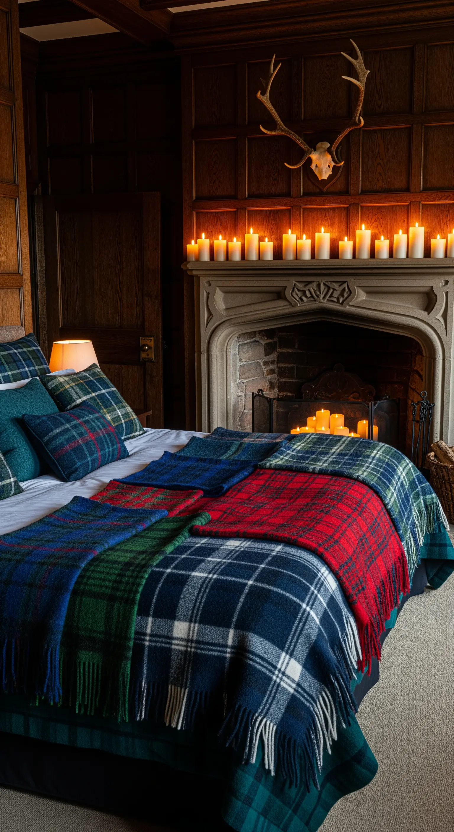 Letto in una stanza con pannelli di legno, coperto da una sovrapposizione di plaid tartan diversi.