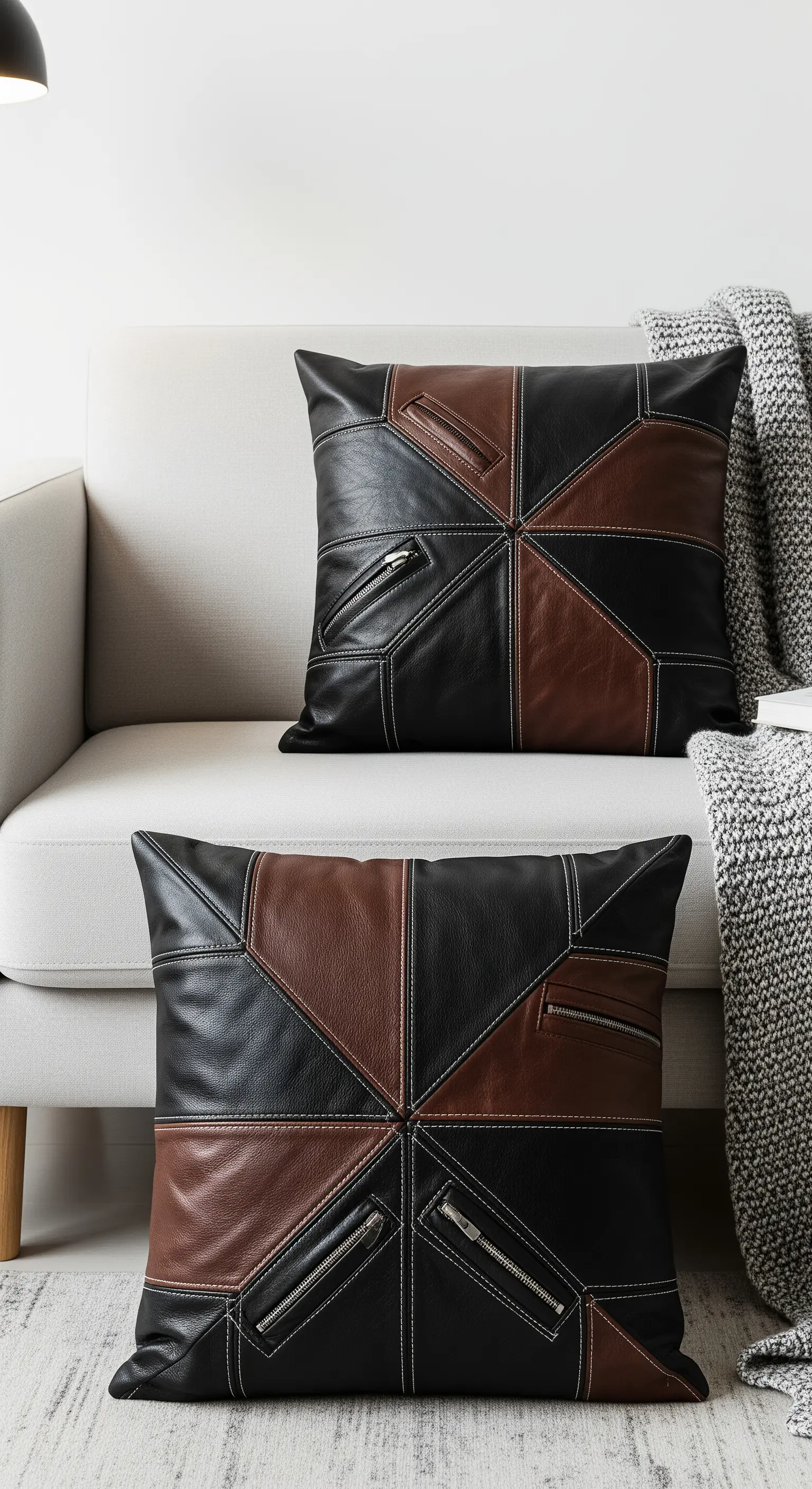 Cuscini patchwork in pelle nera e marrone con cerniere decorative su un divano.
