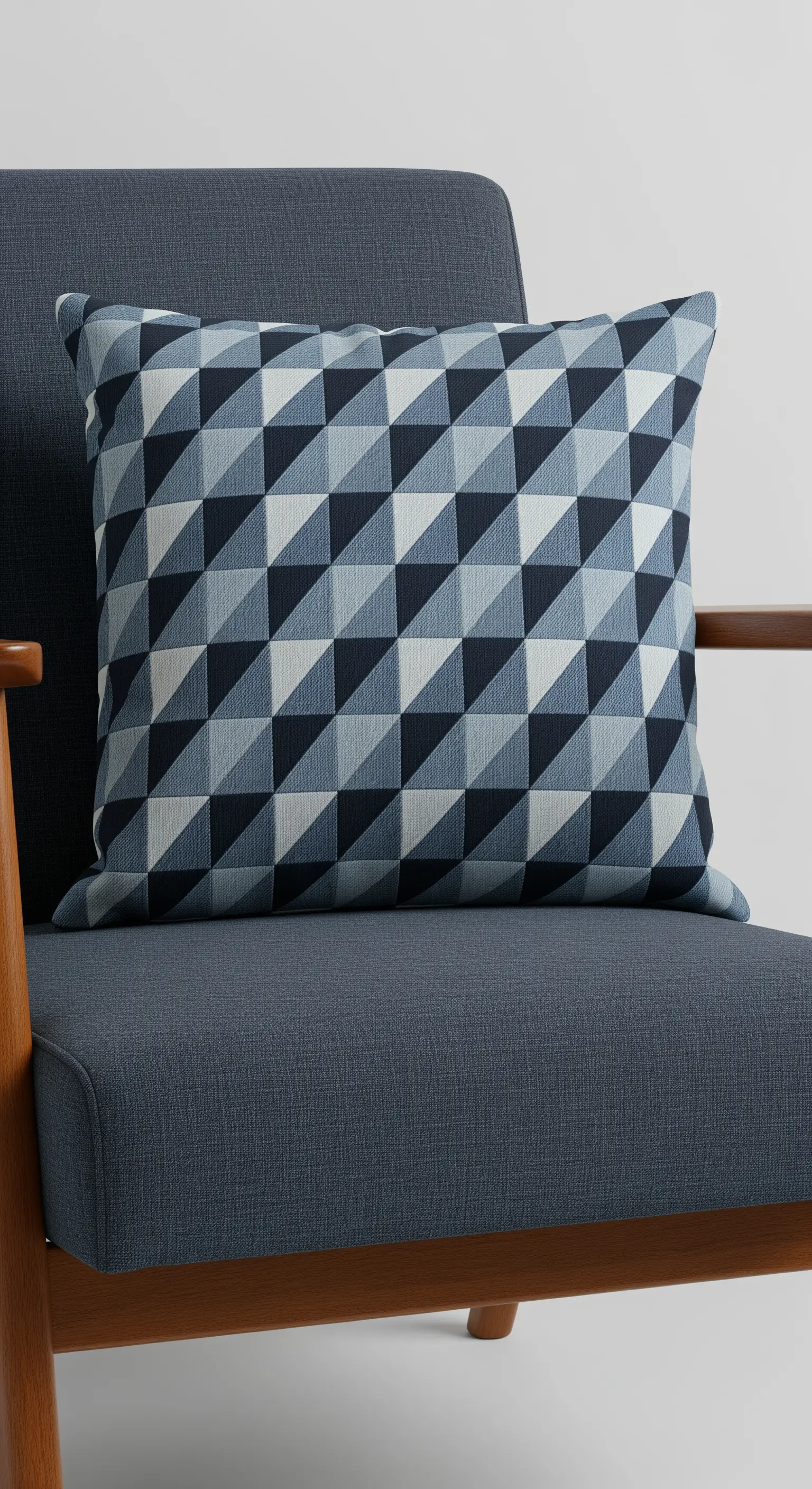 Cuscino con un motivo geometrico di triangoli in diverse tonalità di blu che creano un effetto 3D.