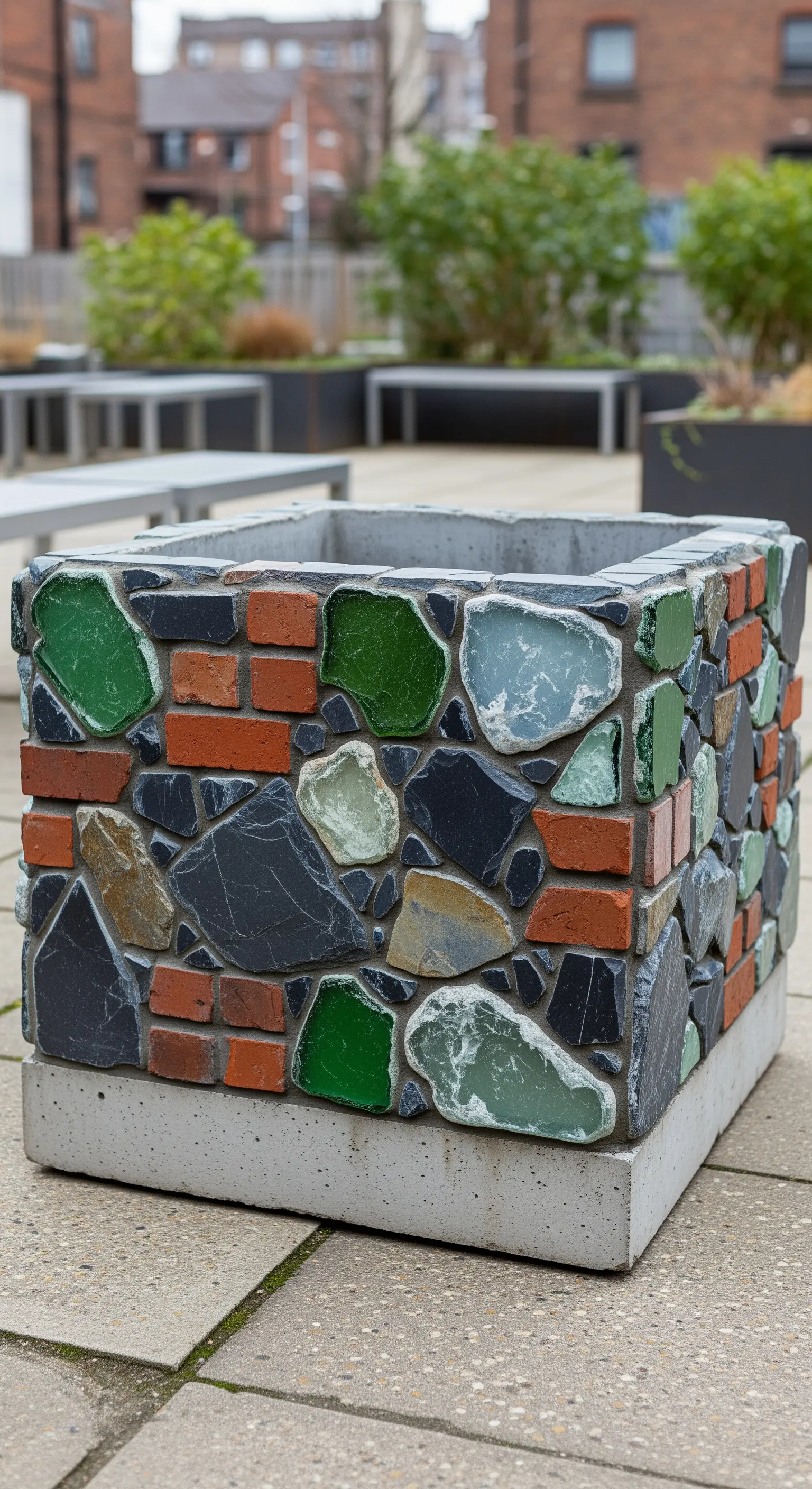 Fioriera quadrata in cemento con un mosaico di mattoni rotti, pietre d'ardesia e vetri colorati.