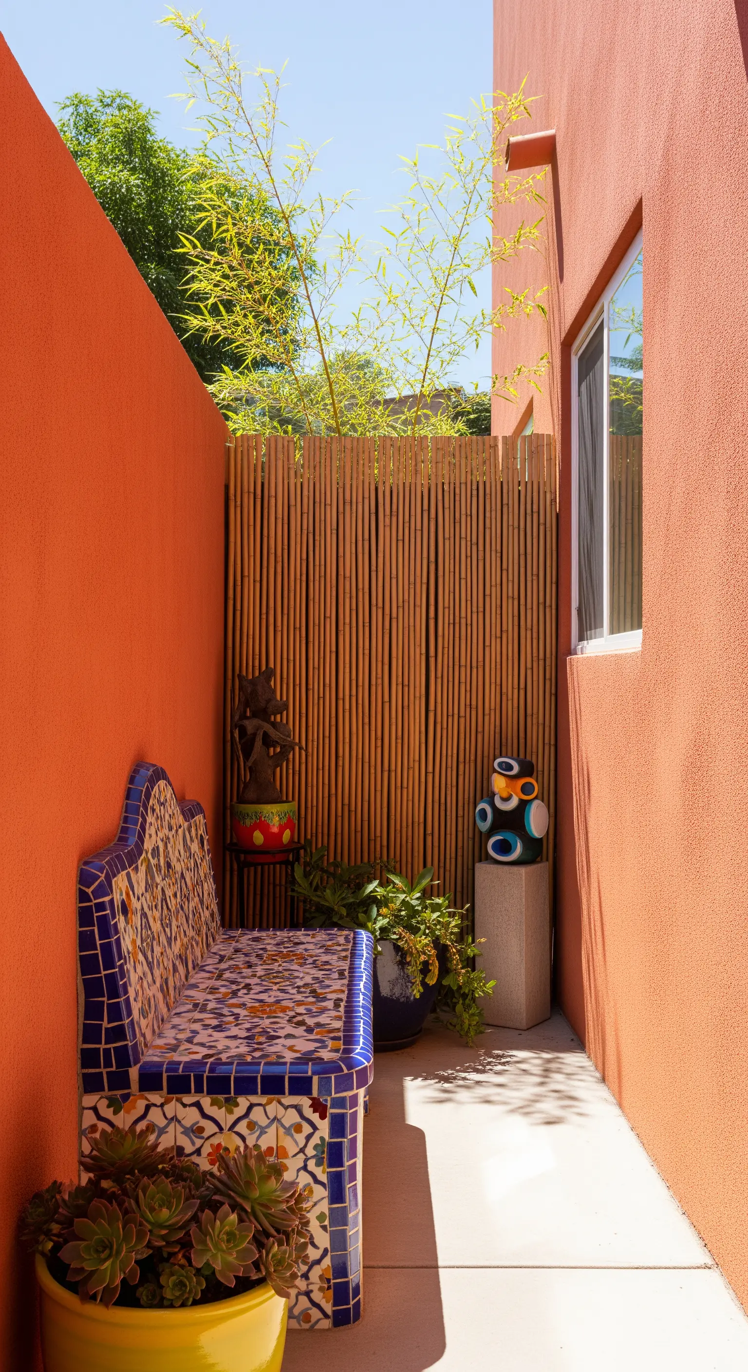 Panchina a mosaico colorato in un cortile stretto con pareti arancioni e piante grasse.