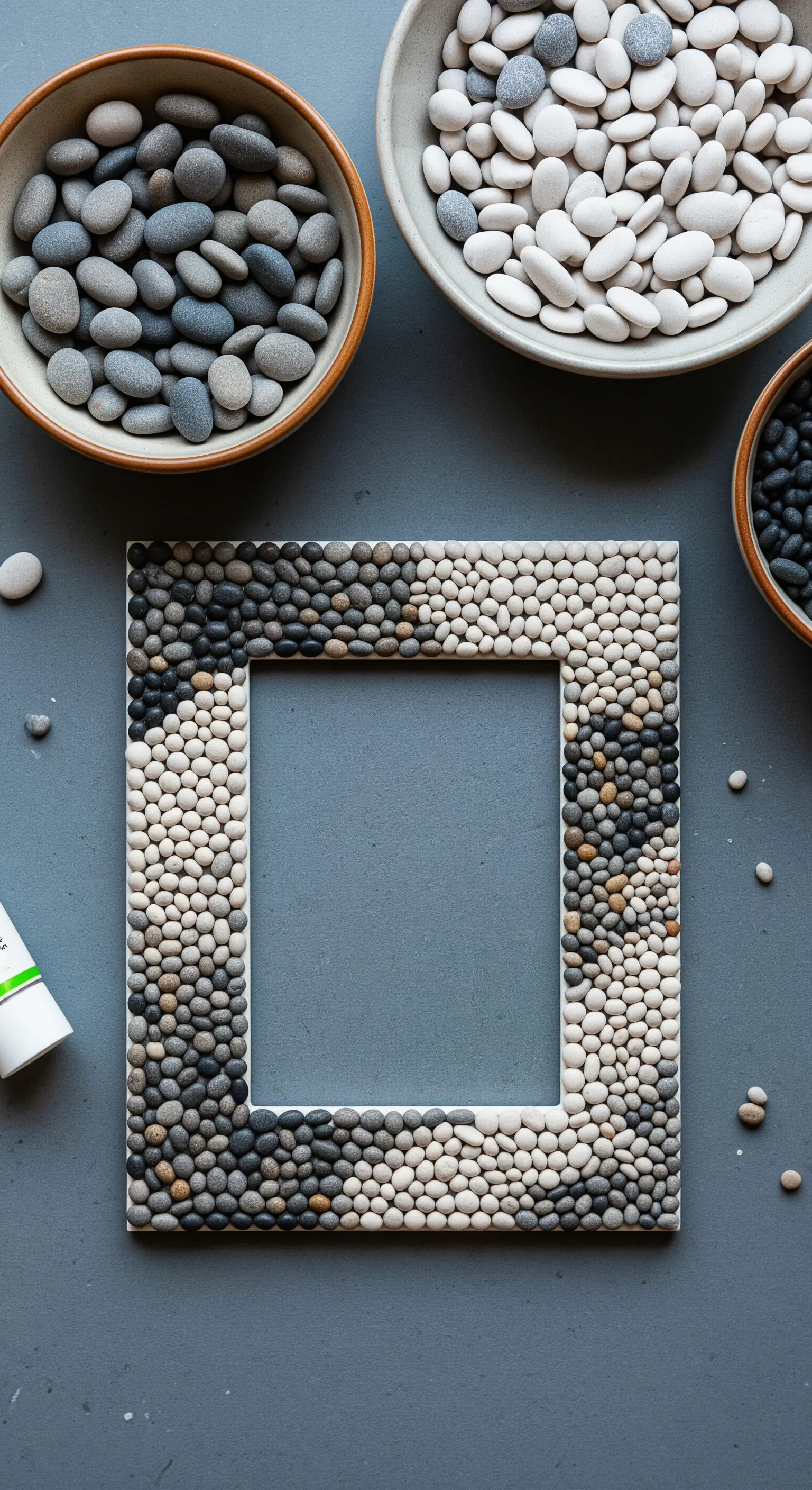 Cornice quadrata decorata con un mosaico di piccoli ciottoli levigati in un gradiente di grigi.