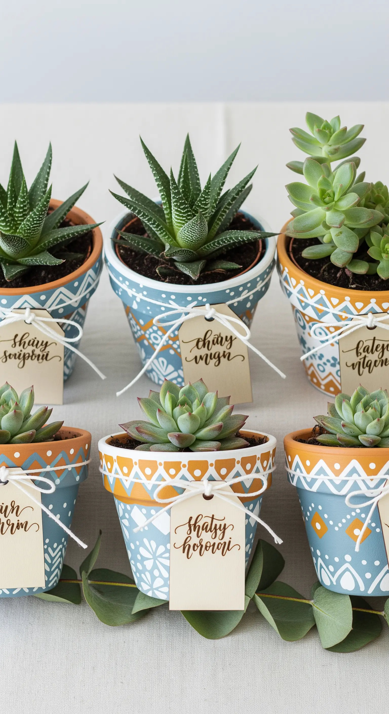 Vasetti di terracotta dipinti a mano con motivi geometrici bianchi, blu e arancioni.