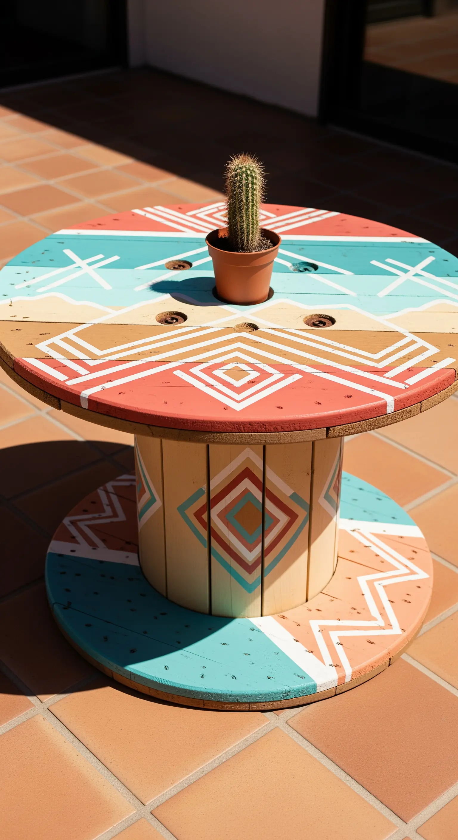 Tavolino a bobina con motivi geometrici etnici nei toni del terracotta, turchese e ocra.
