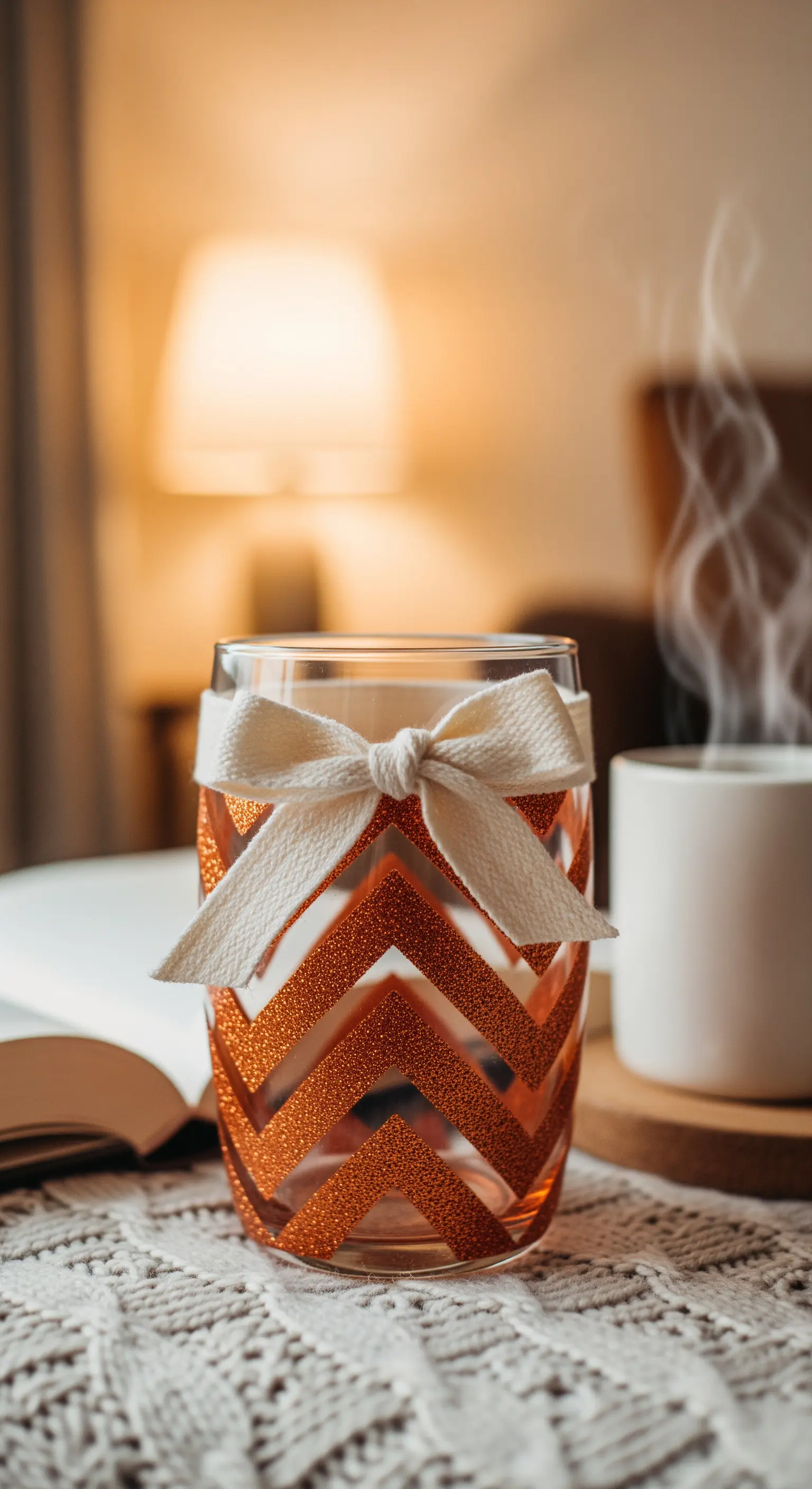 Bicchiere decorato con un motivo a chevron in glitter color rame.