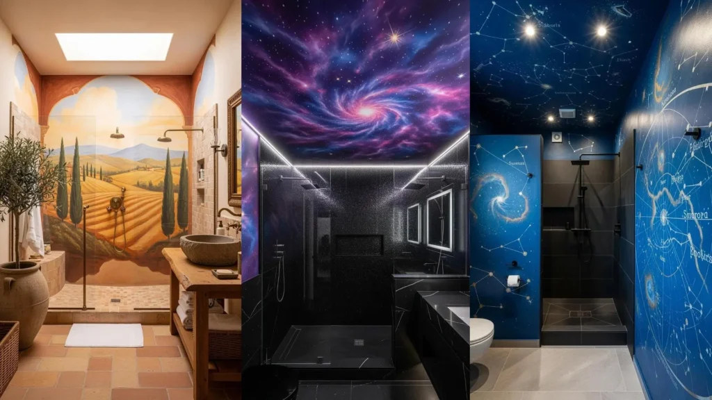 Tre bagni con pitture a mano murales (paesaggio, galassia, costellazioni) e docce scenografiche walk-in.
