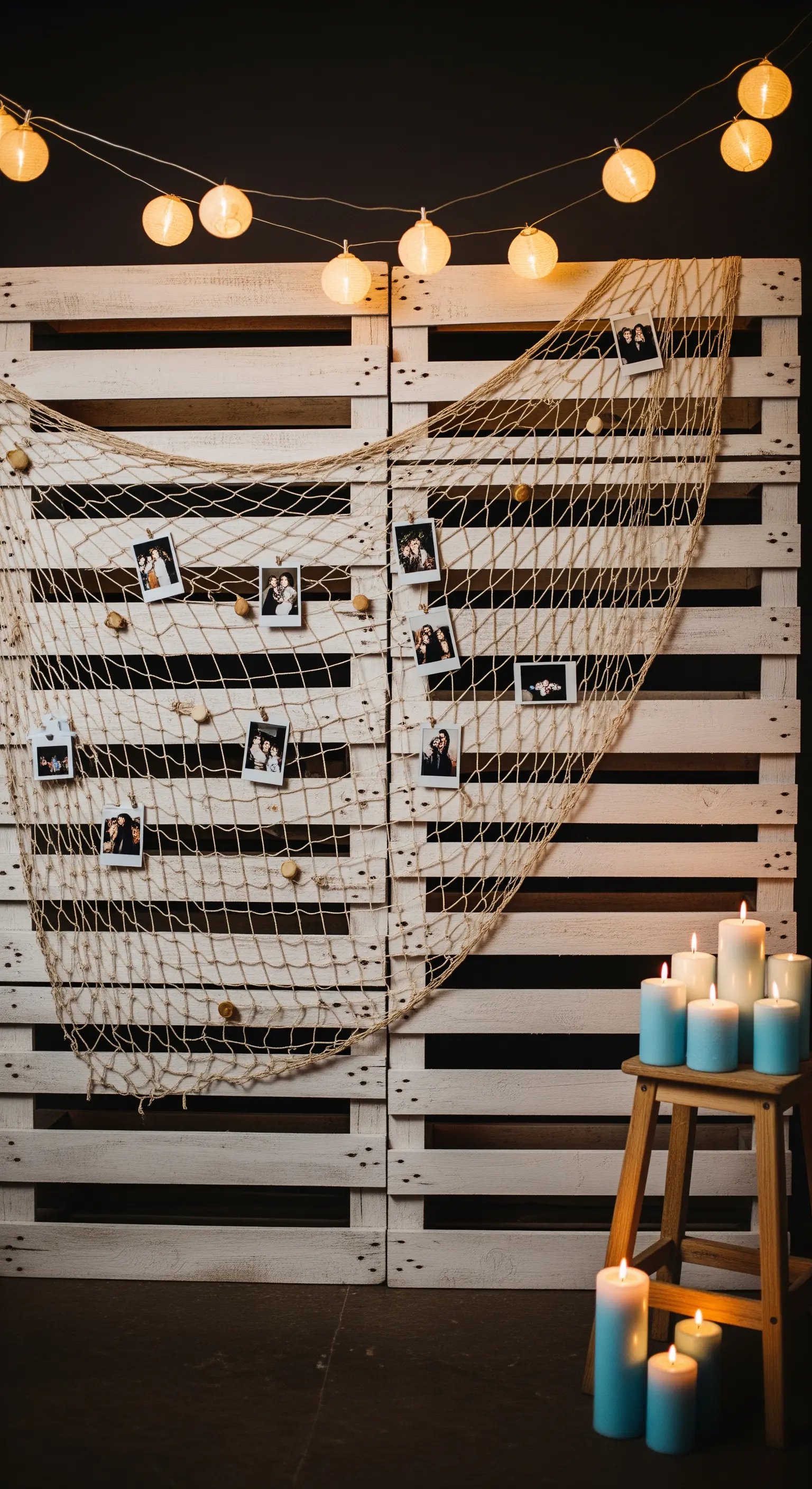Sfondo per foto realizzato con bancali bianchi, rete da pesca, foto e candele